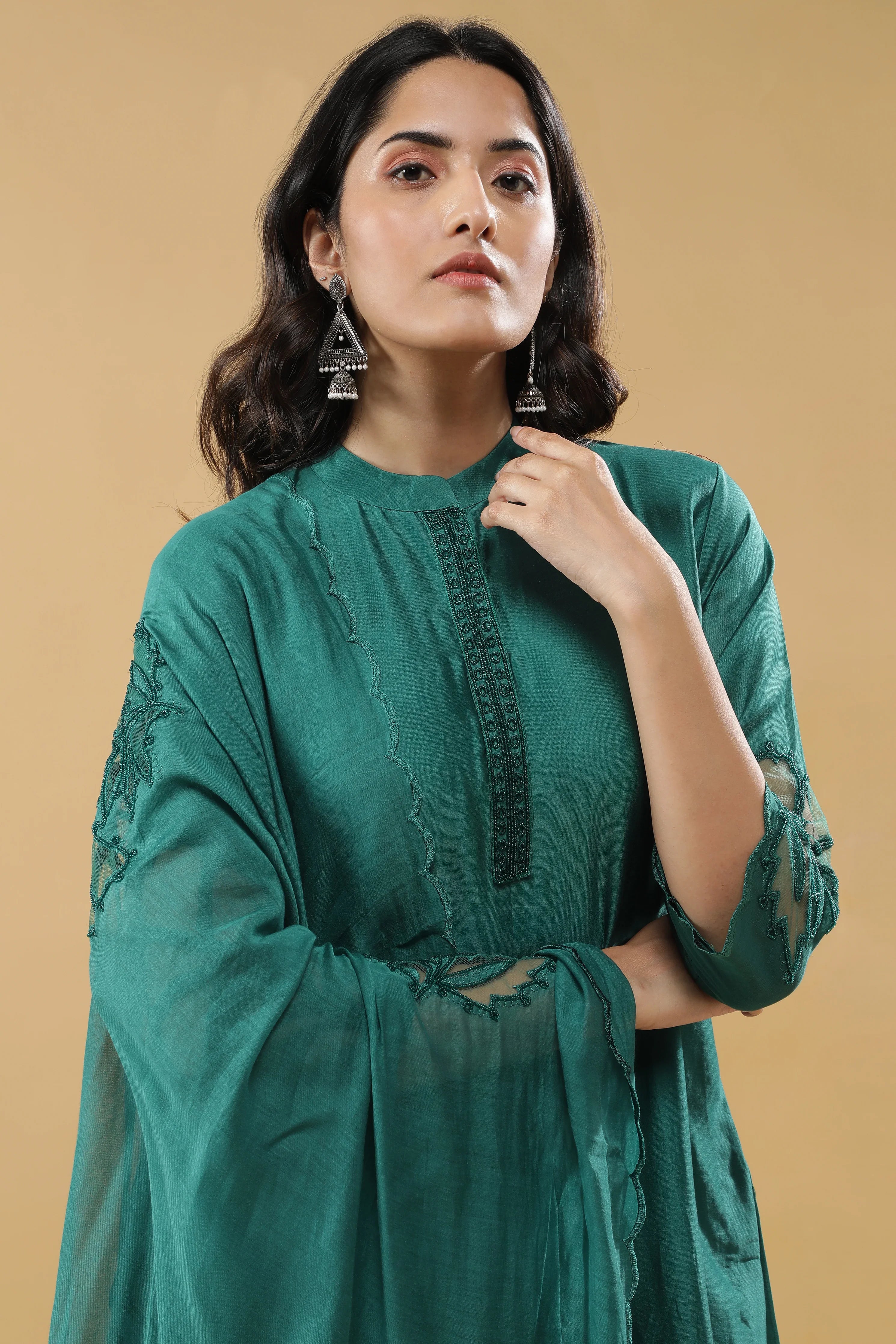 Bottle Green Chanderi Silk Straight-Cut Suit - Mokshaa