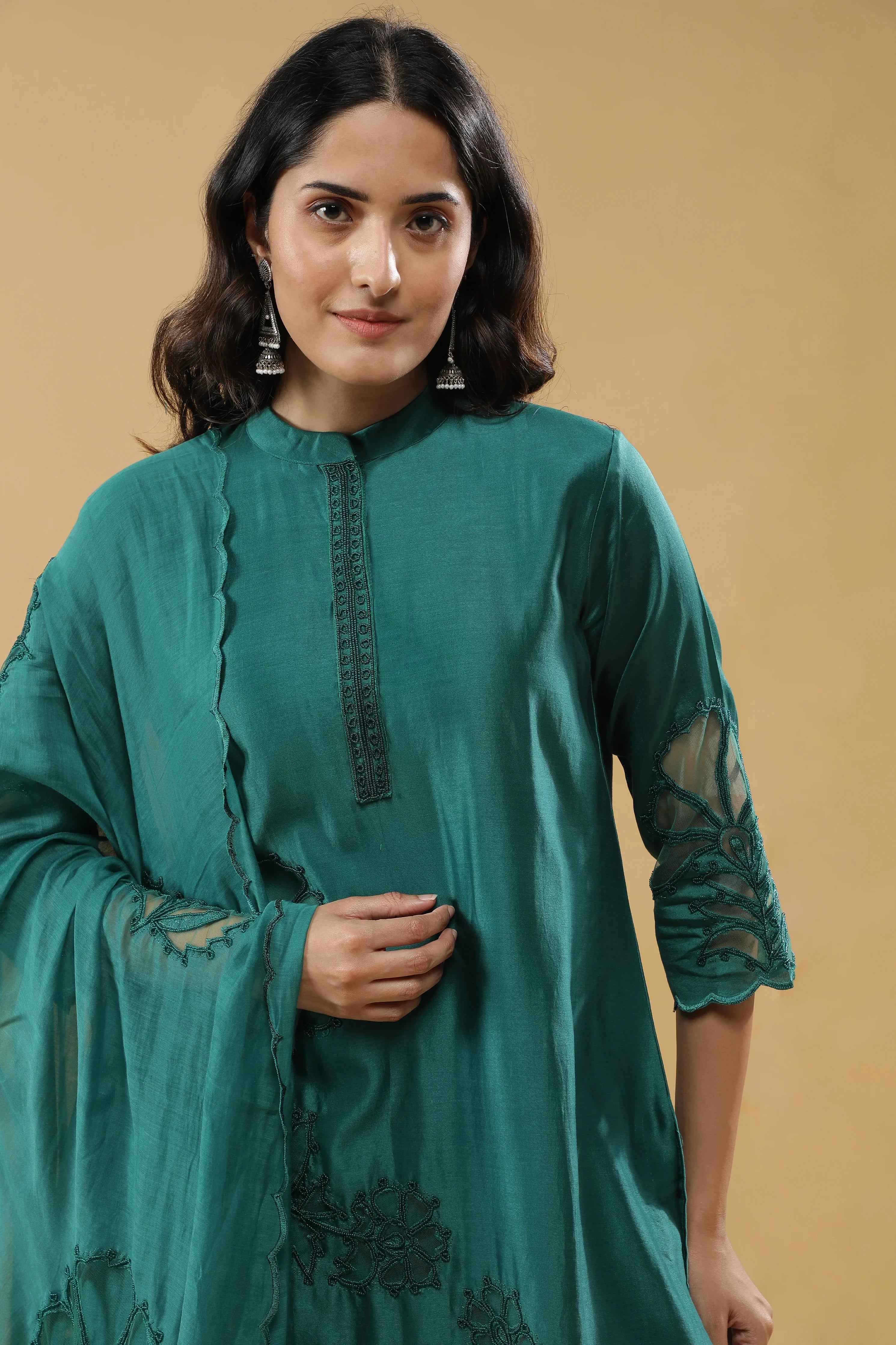 Bottle Green Chanderi Silk Straight-Cut Suit - Mokshaa