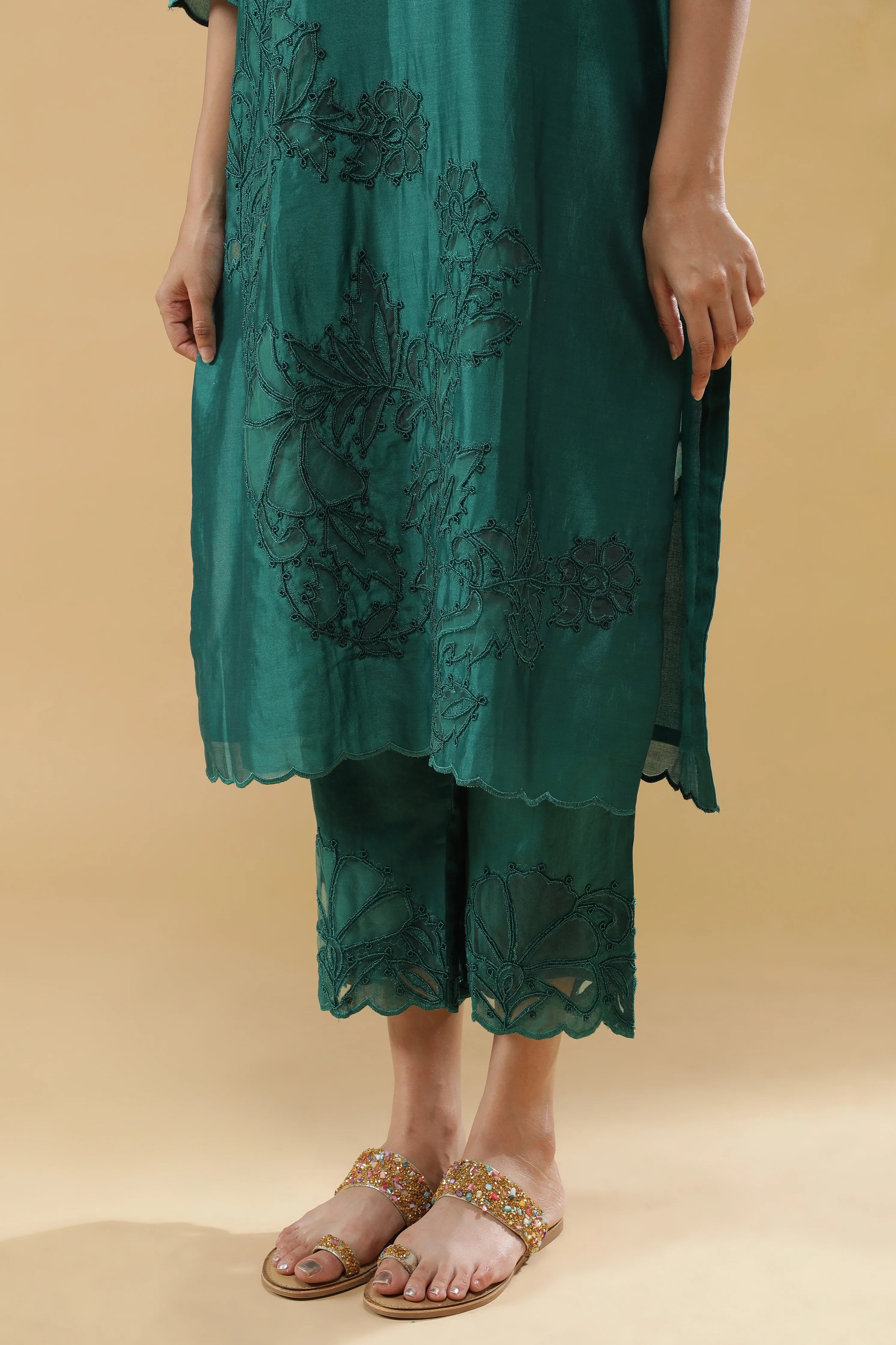 Bottle Green Chanderi Silk Straight-Cut Suit - Mokshaa