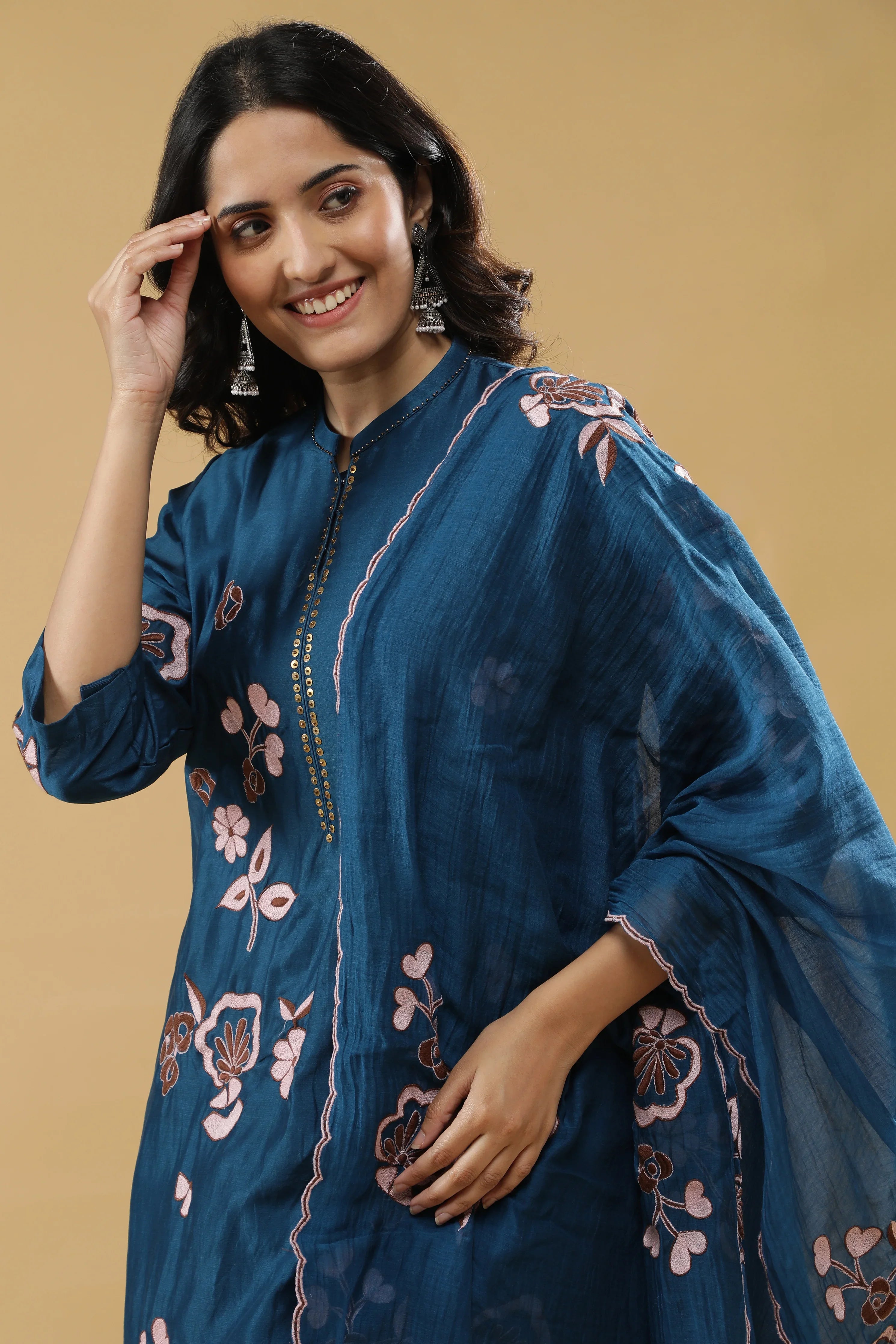 Teal Blue Chanderi Silk Straight Cut Salwar Set - Mokshaa