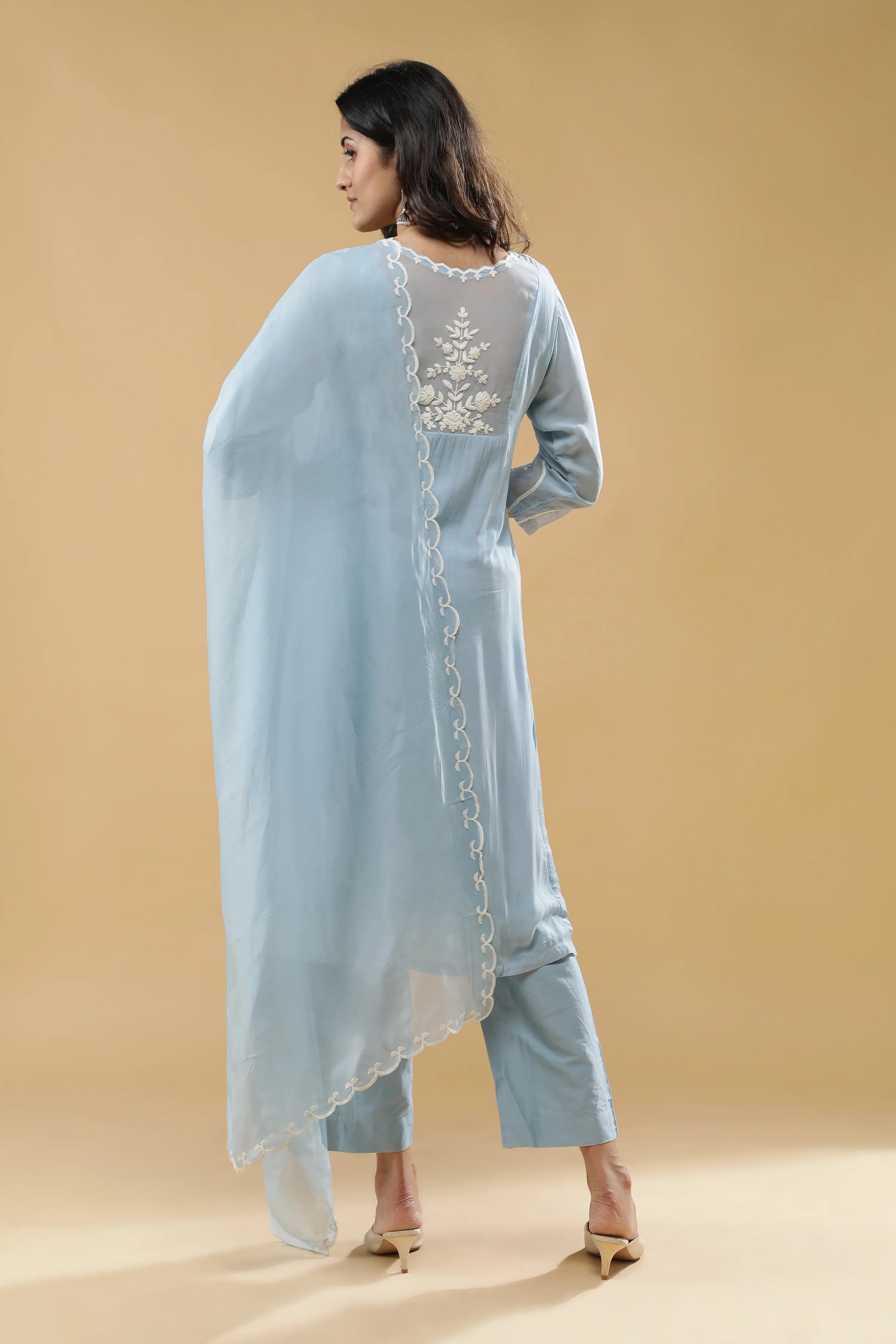Light Blue Mul Chanderi Salwar Set - Mokshaa