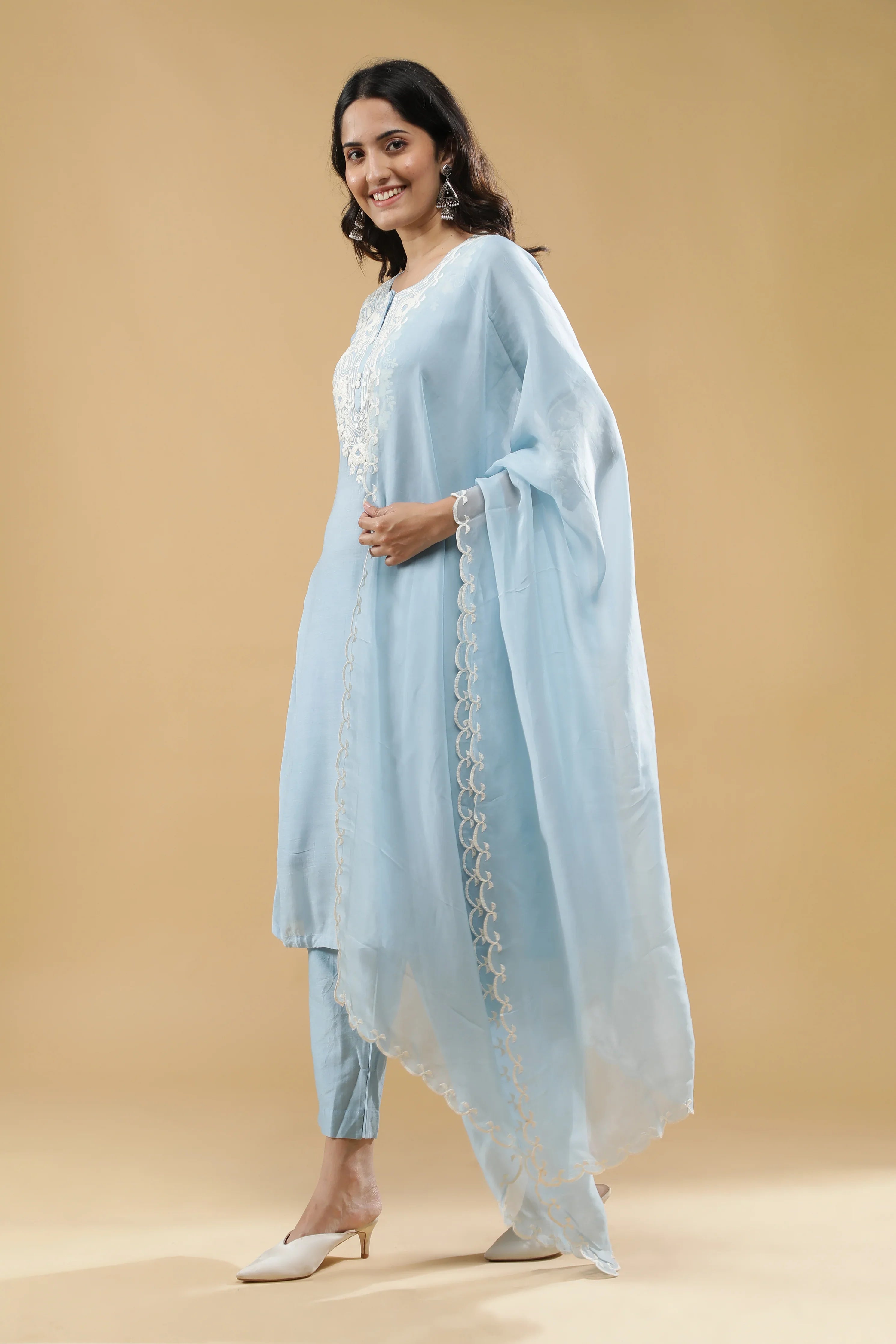 Light Blue Mul Chanderi Salwar Set - Mokshaa