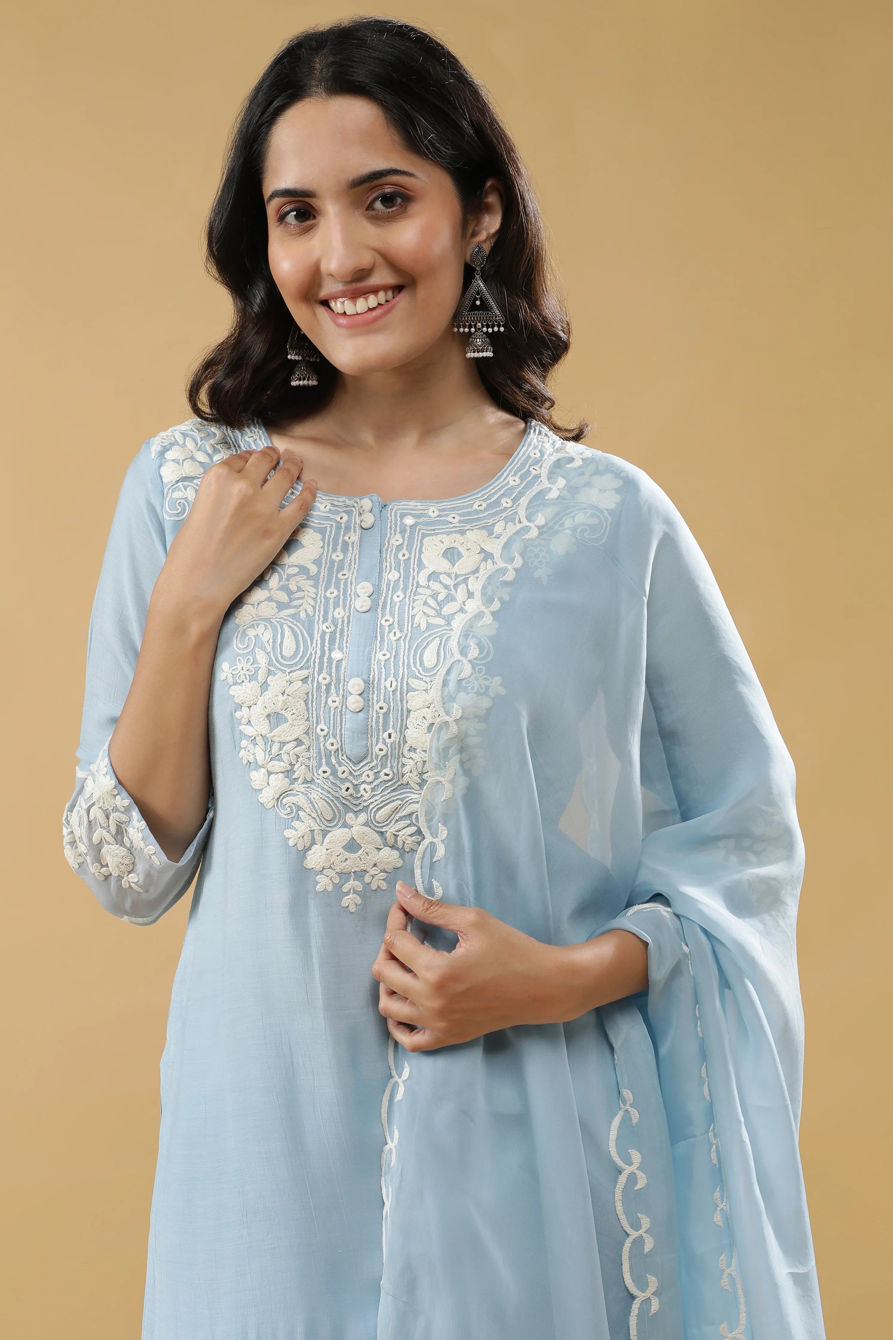 Light Blue Mul Chanderi Salwar Set - Mokshaa
