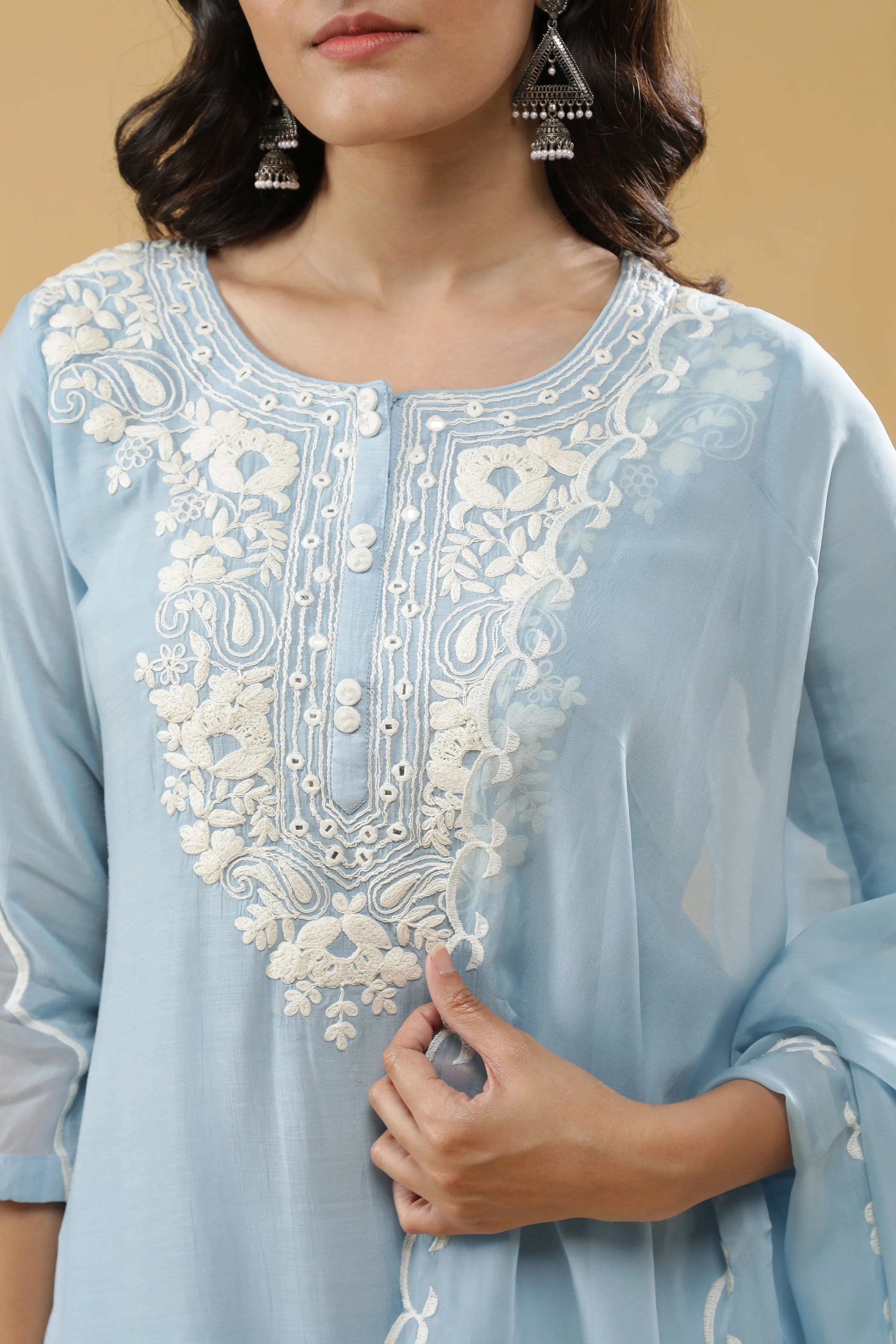 Light Blue Mul Chanderi Salwar Set - Mokshaa