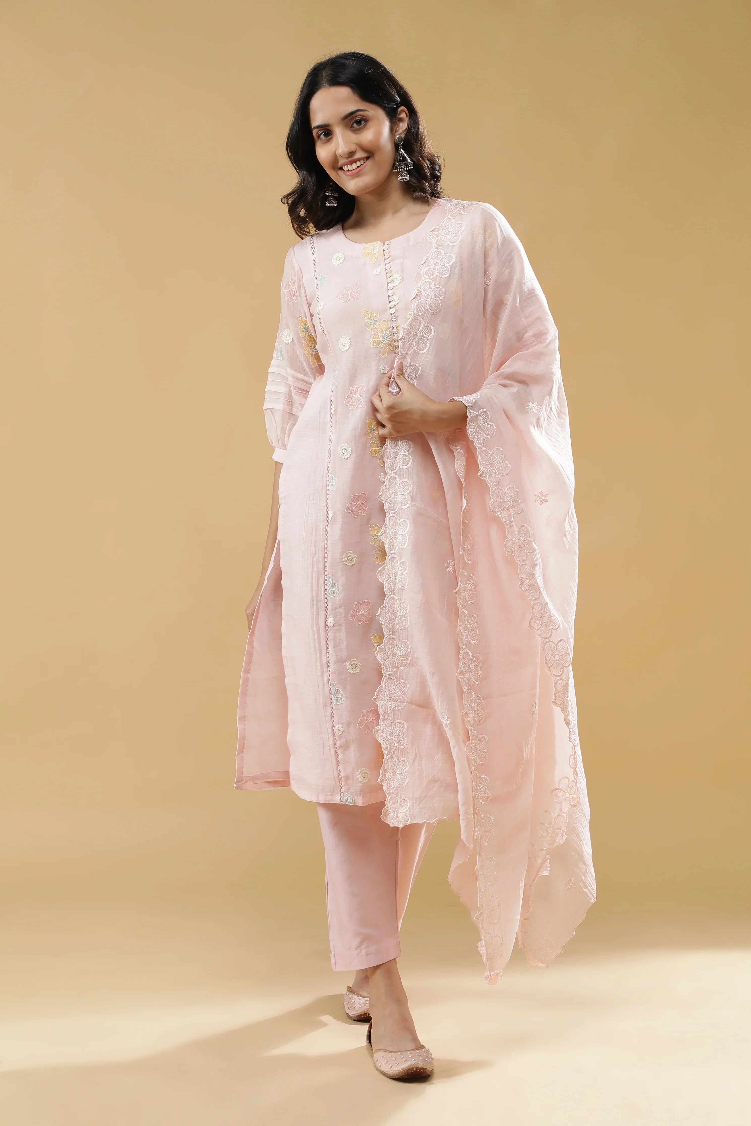 Baby Pink Mul Chanderi Straight-Cut Salwar Set - Mokshaa