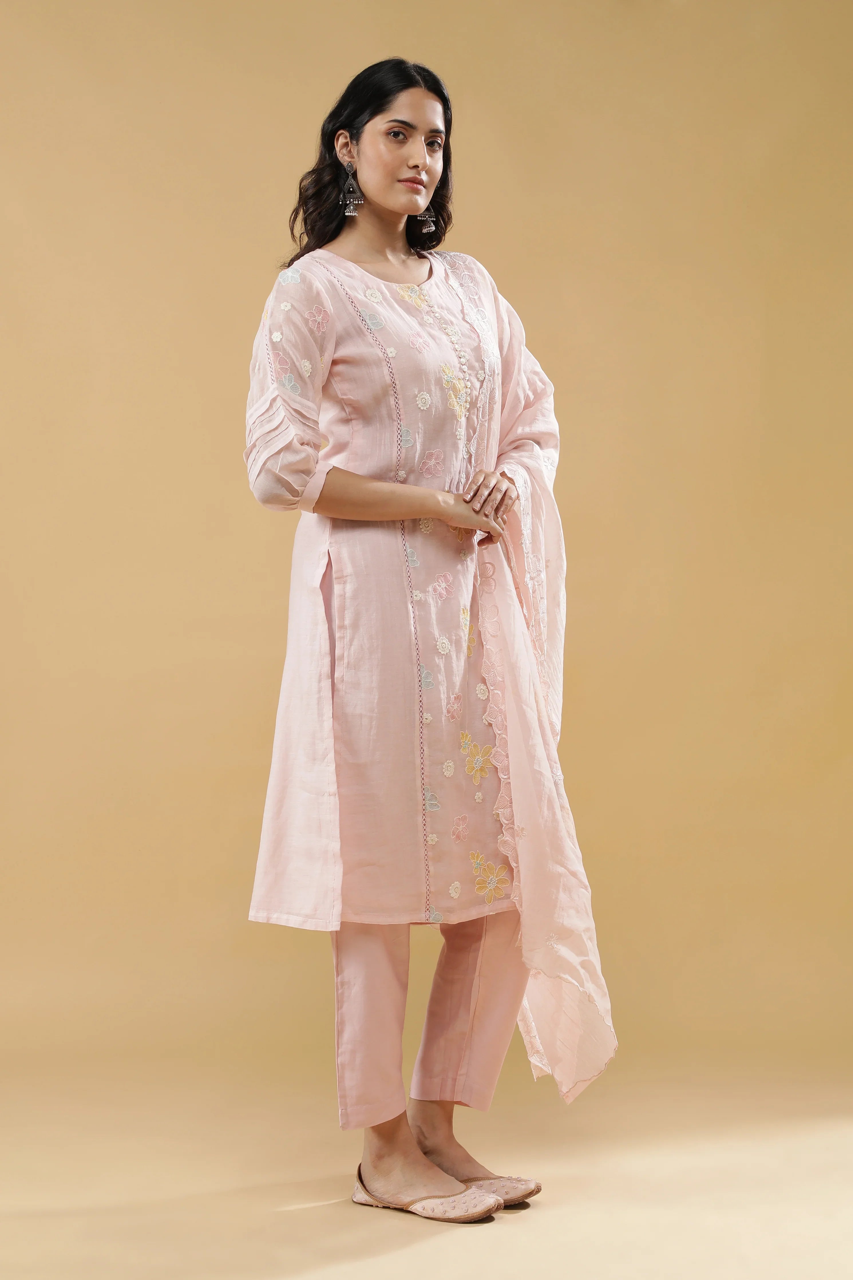 Baby Pink Mul Chanderi Straight-Cut Salwar Set - Mokshaa