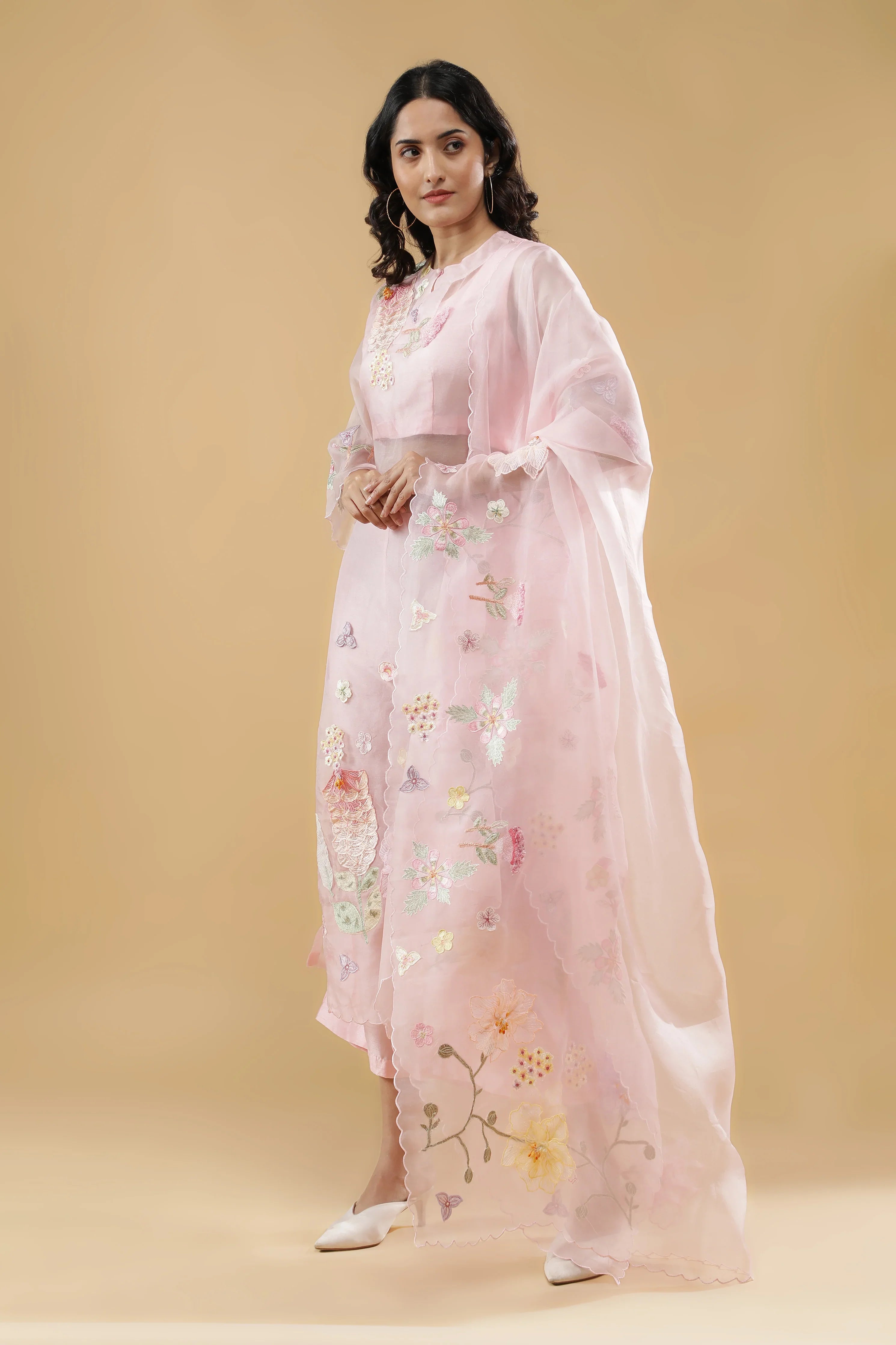 Pink Organza Floral AppliquéSuit Set - Mokshaa
