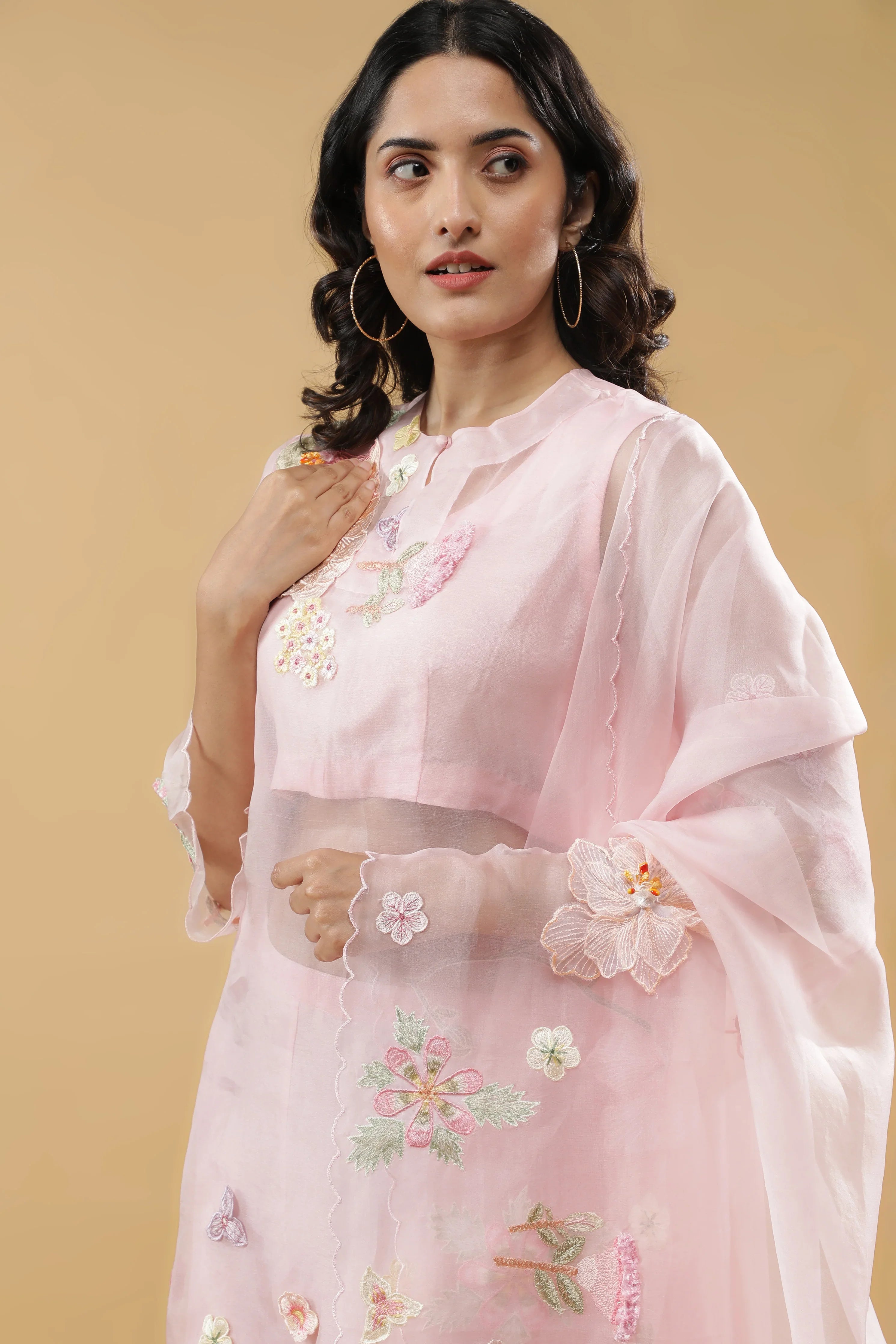 Pink Organza Floral AppliquéSuit Set - Mokshaa