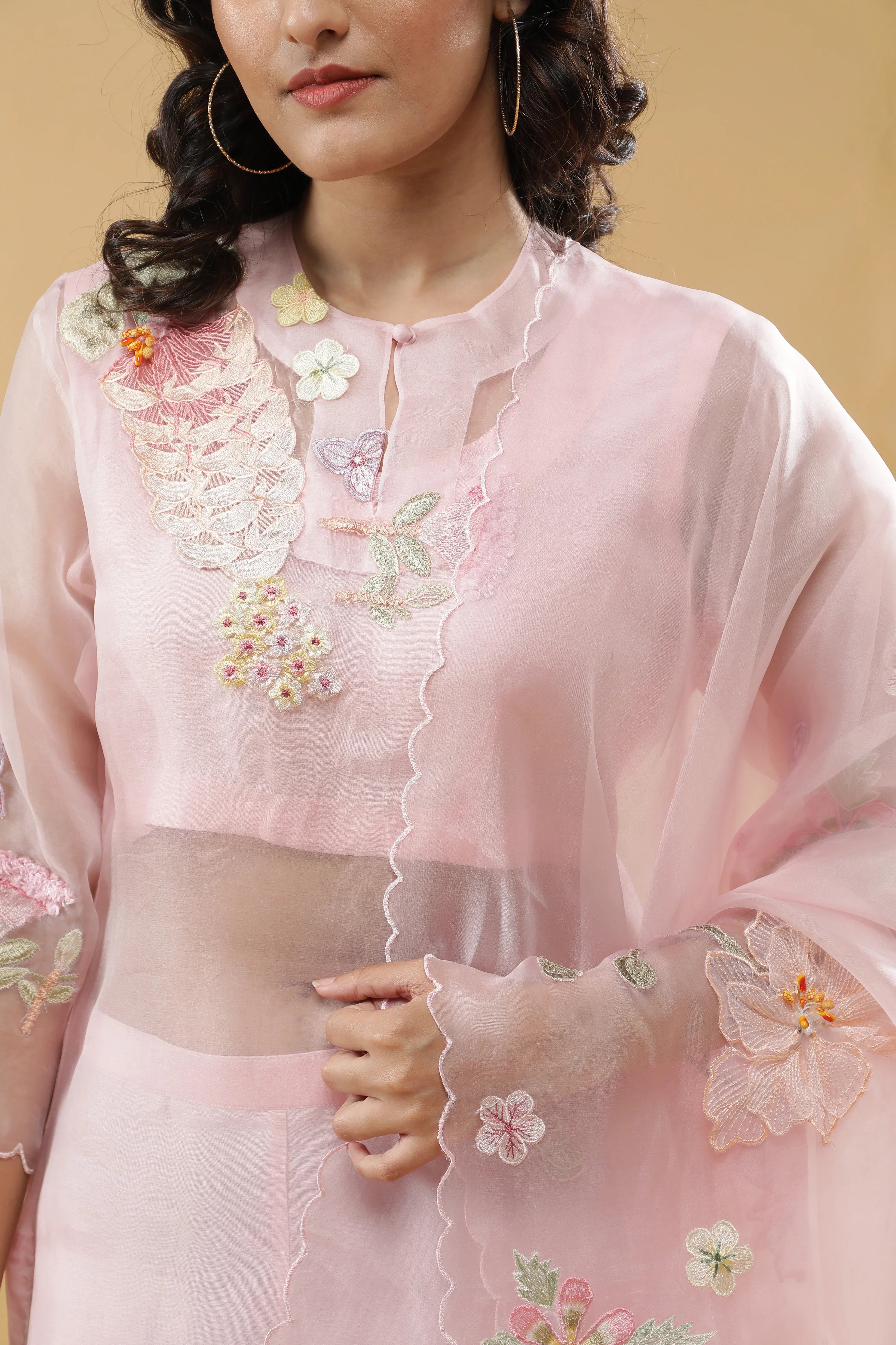 Pink Organza Floral AppliquéSuit Set - Mokshaa