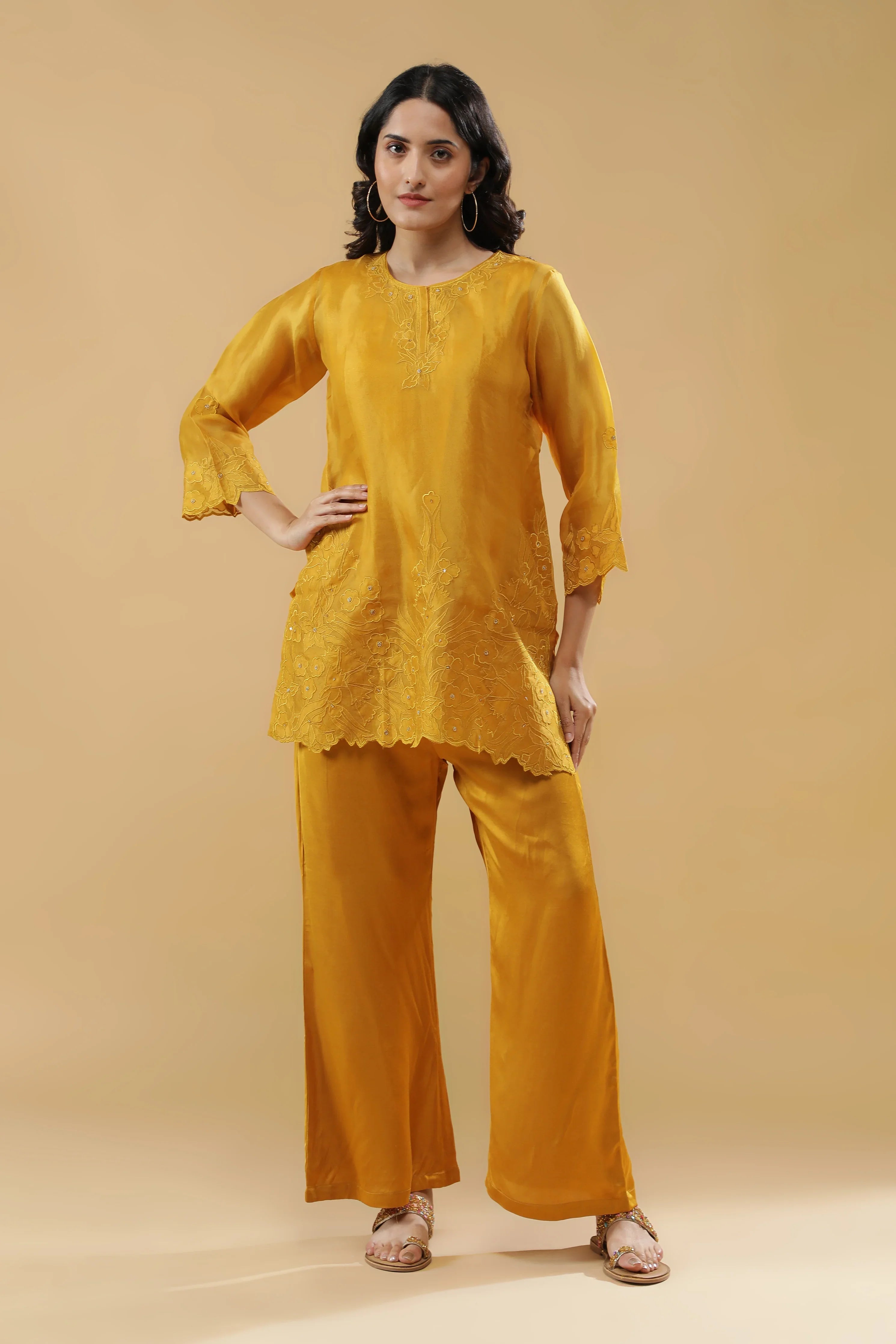 Mustard Organza Floral Embroidered Cord Set - Mokshaa