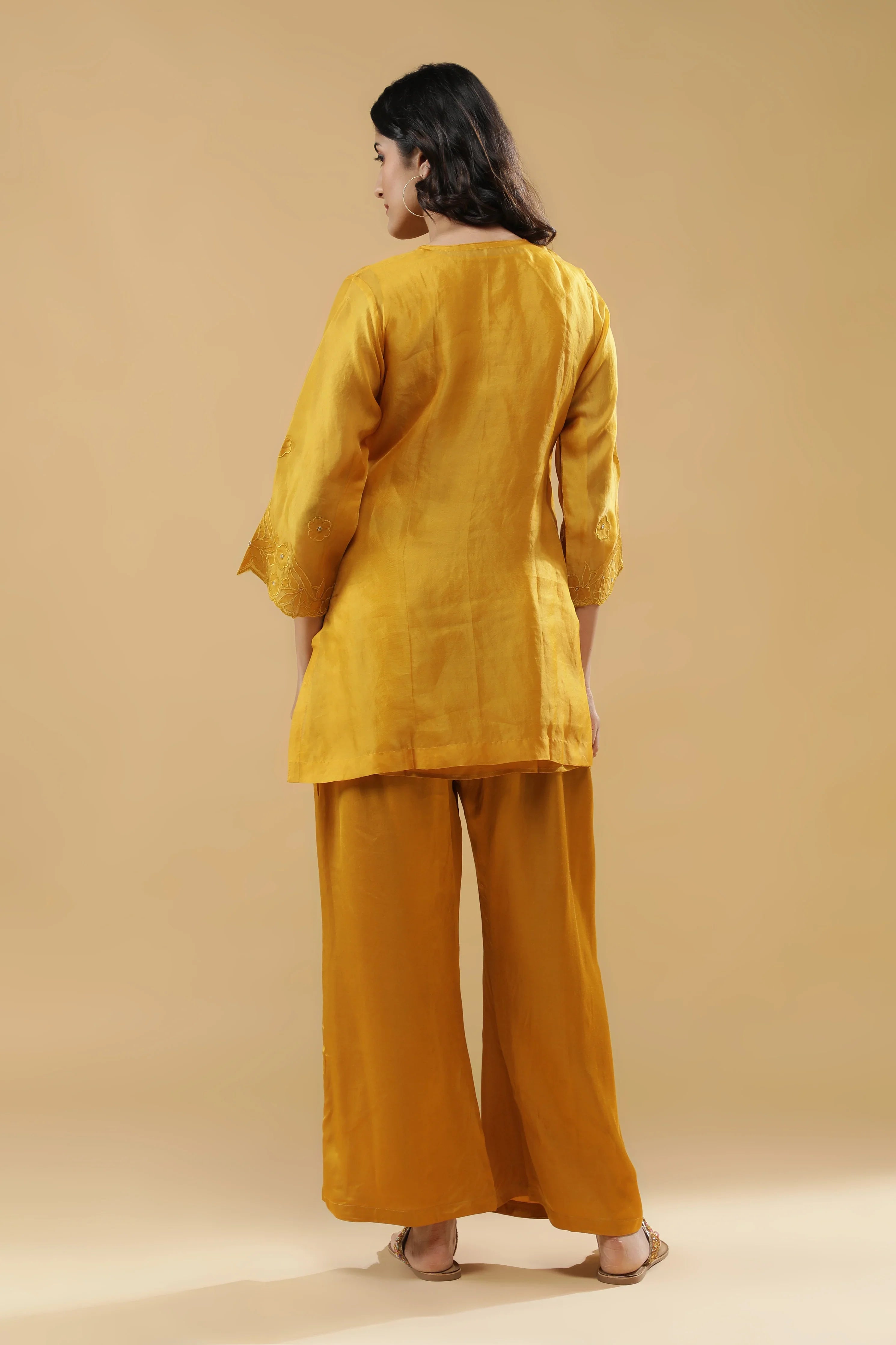 Mustard Organza Floral Embroidered Cord Set - Mokshaa