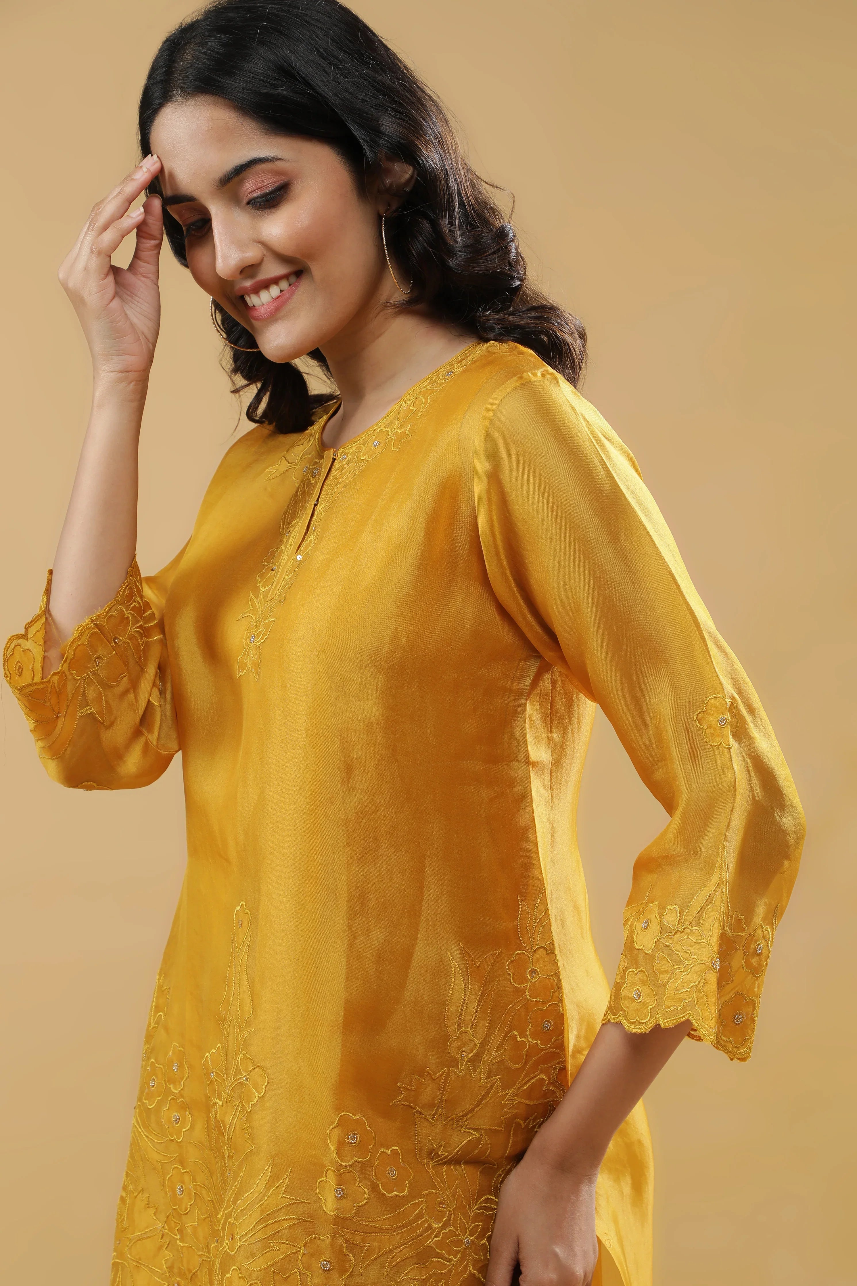 Mustard Organza Floral Embroidered Cord Set - Mokshaa