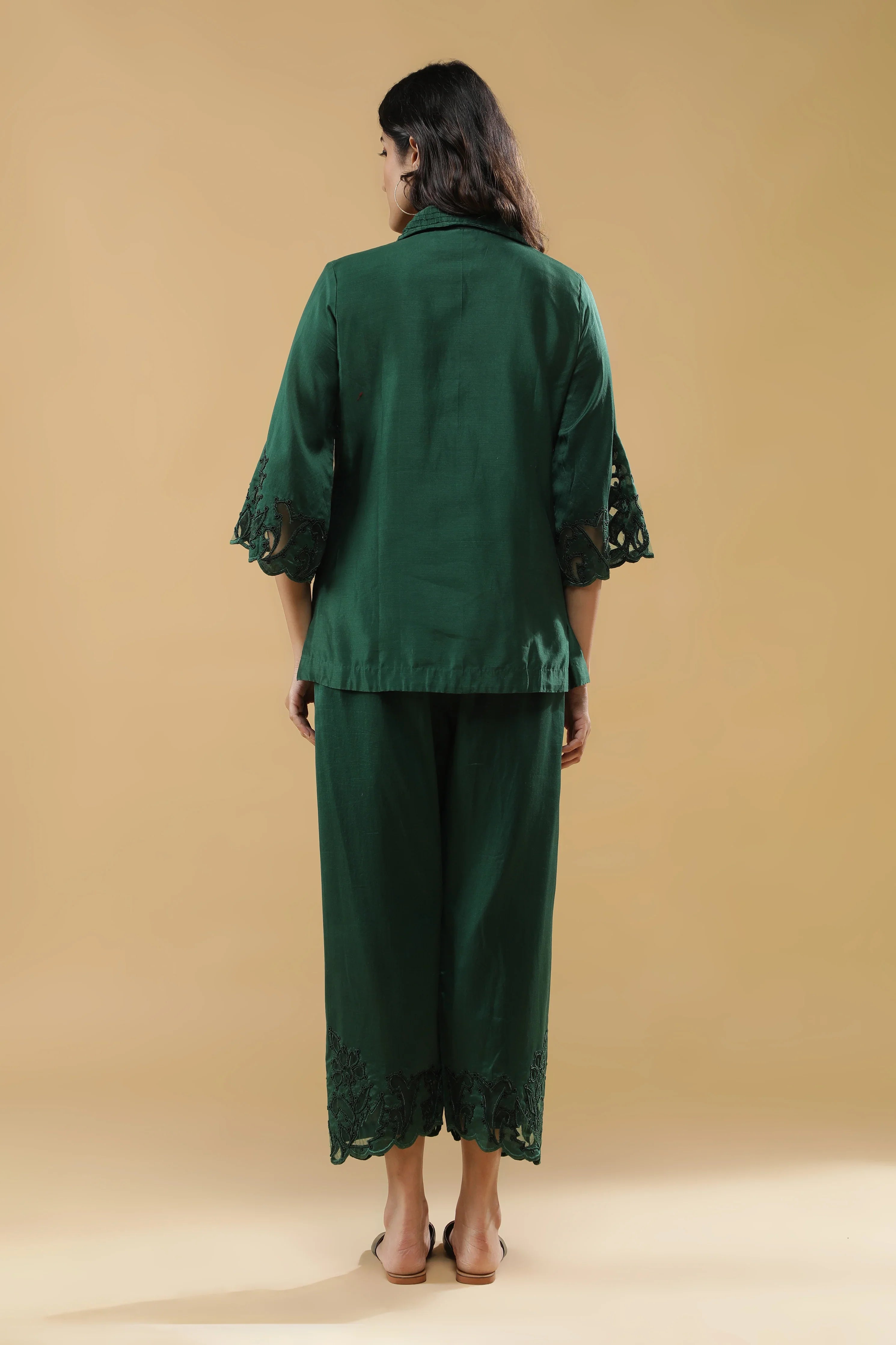 Deep Emerald Green Silk Embroidered Co-Ord Set - Mokshaa