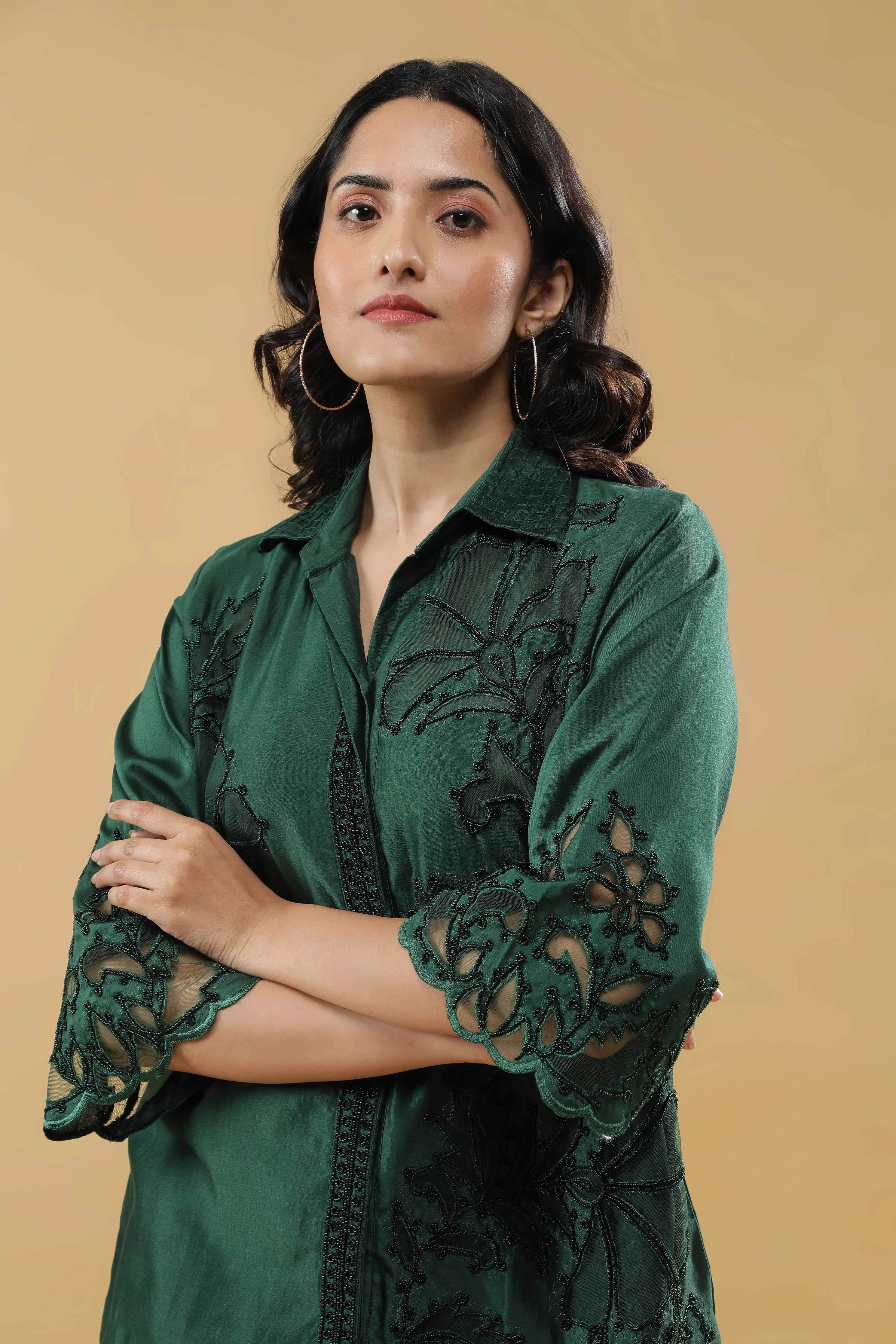 Deep Emerald Green Silk Embroidered Co-Ord Set - Mokshaa