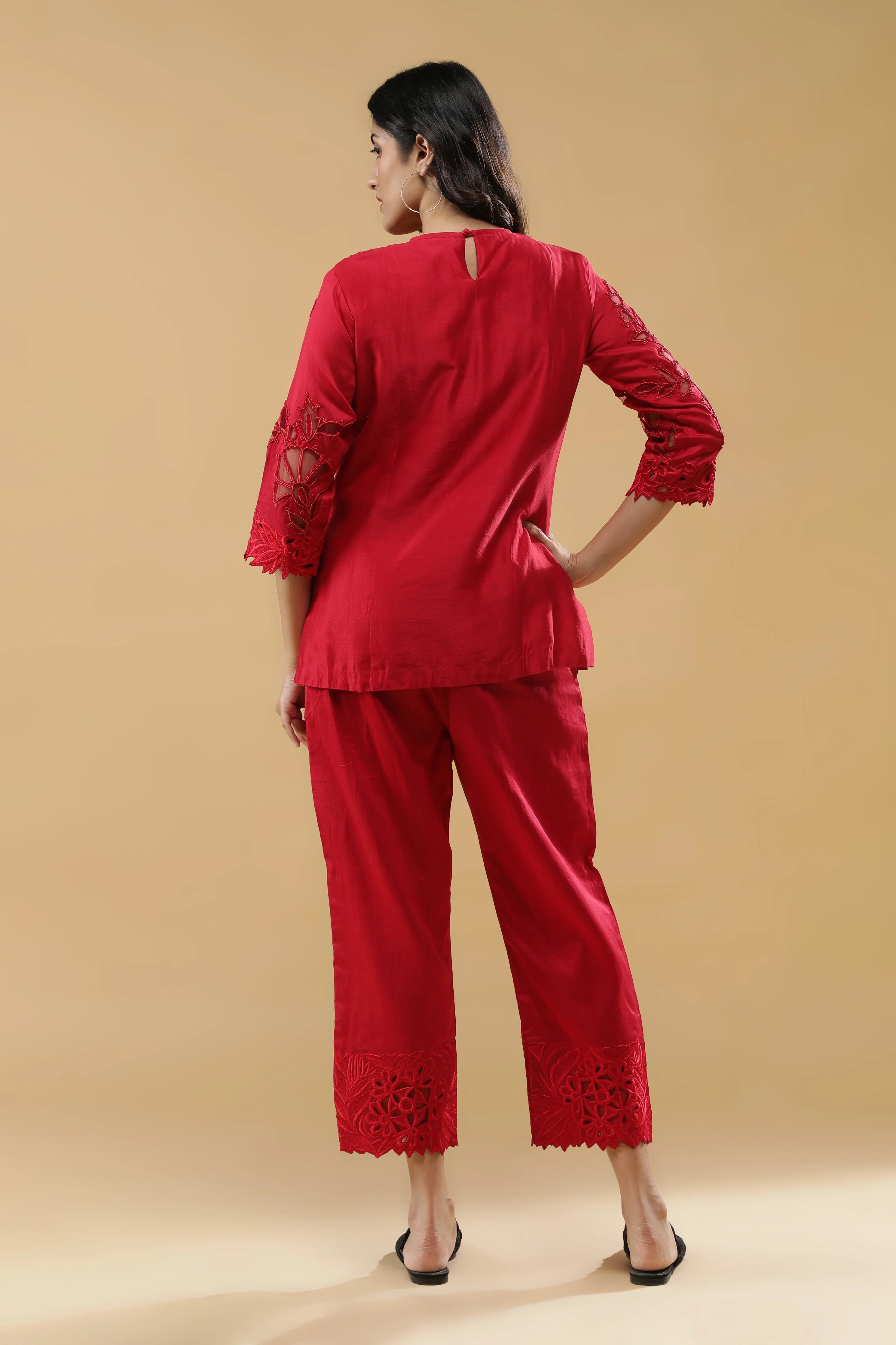 Crimson Red Silk Embroidered Co-Ord Set - Mokshaa