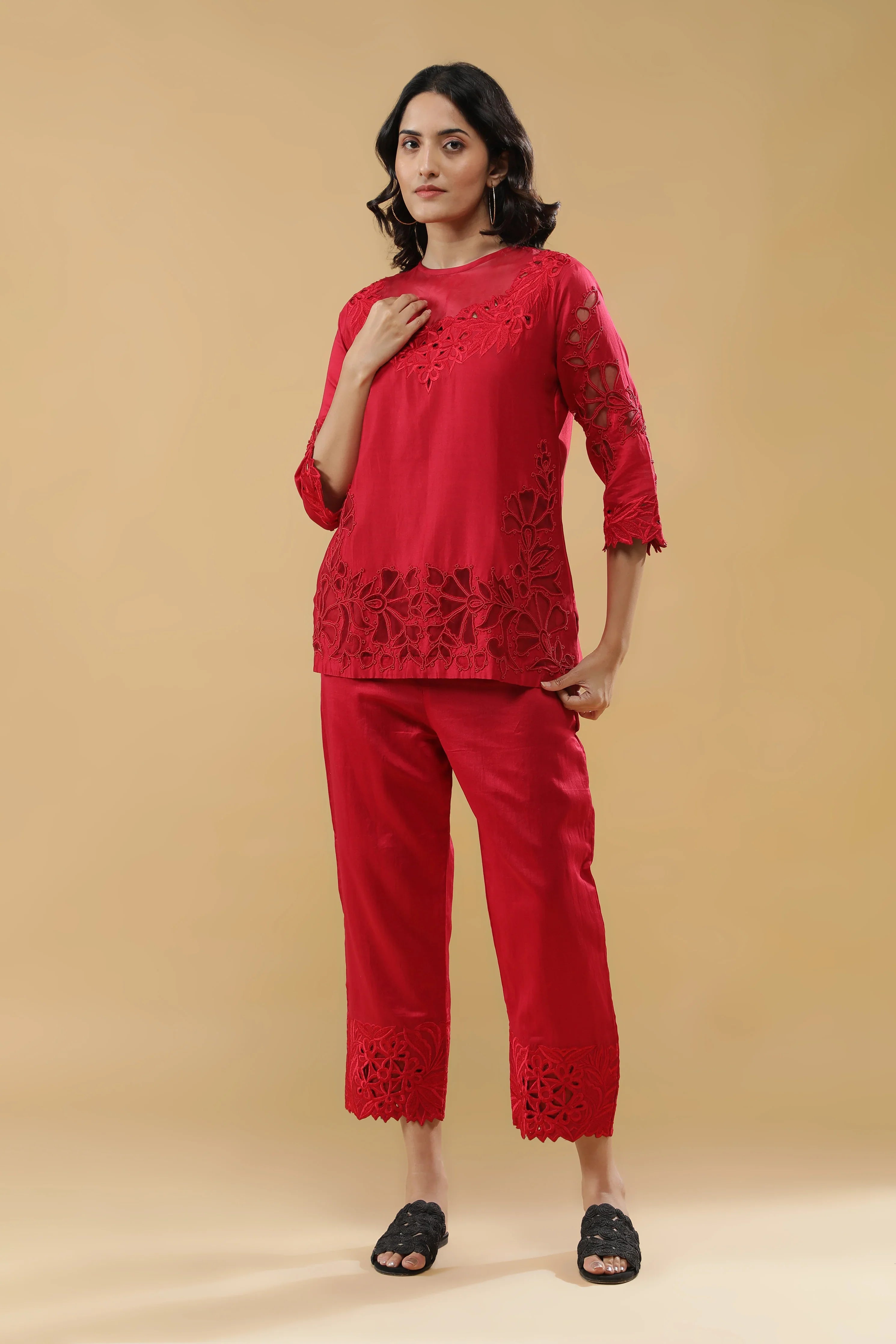 Crimson Red Silk Embroidered Co-Ord Set - Mokshaa