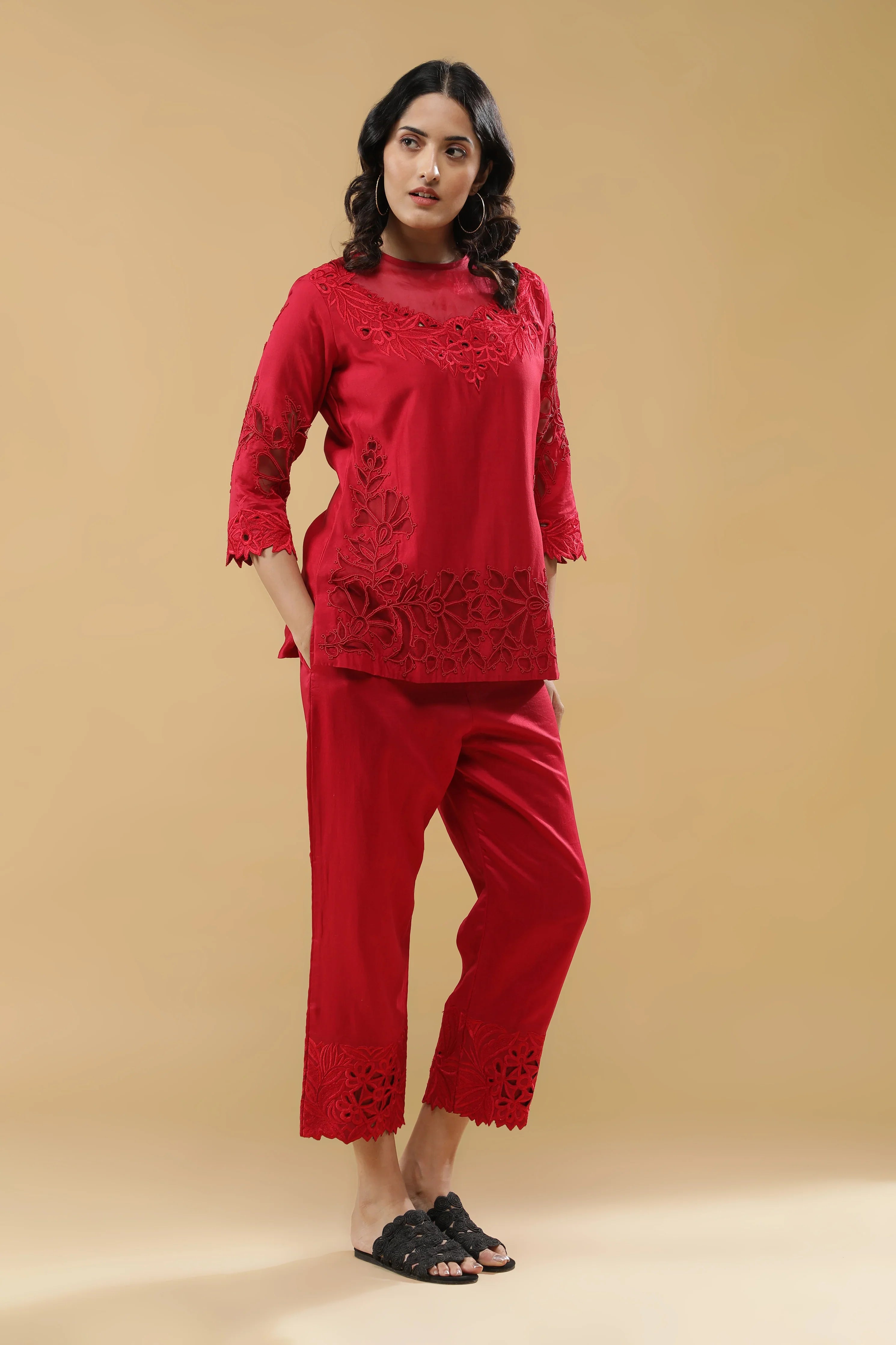 Crimson Red Silk Embroidered Co-Ord Set - Mokshaa