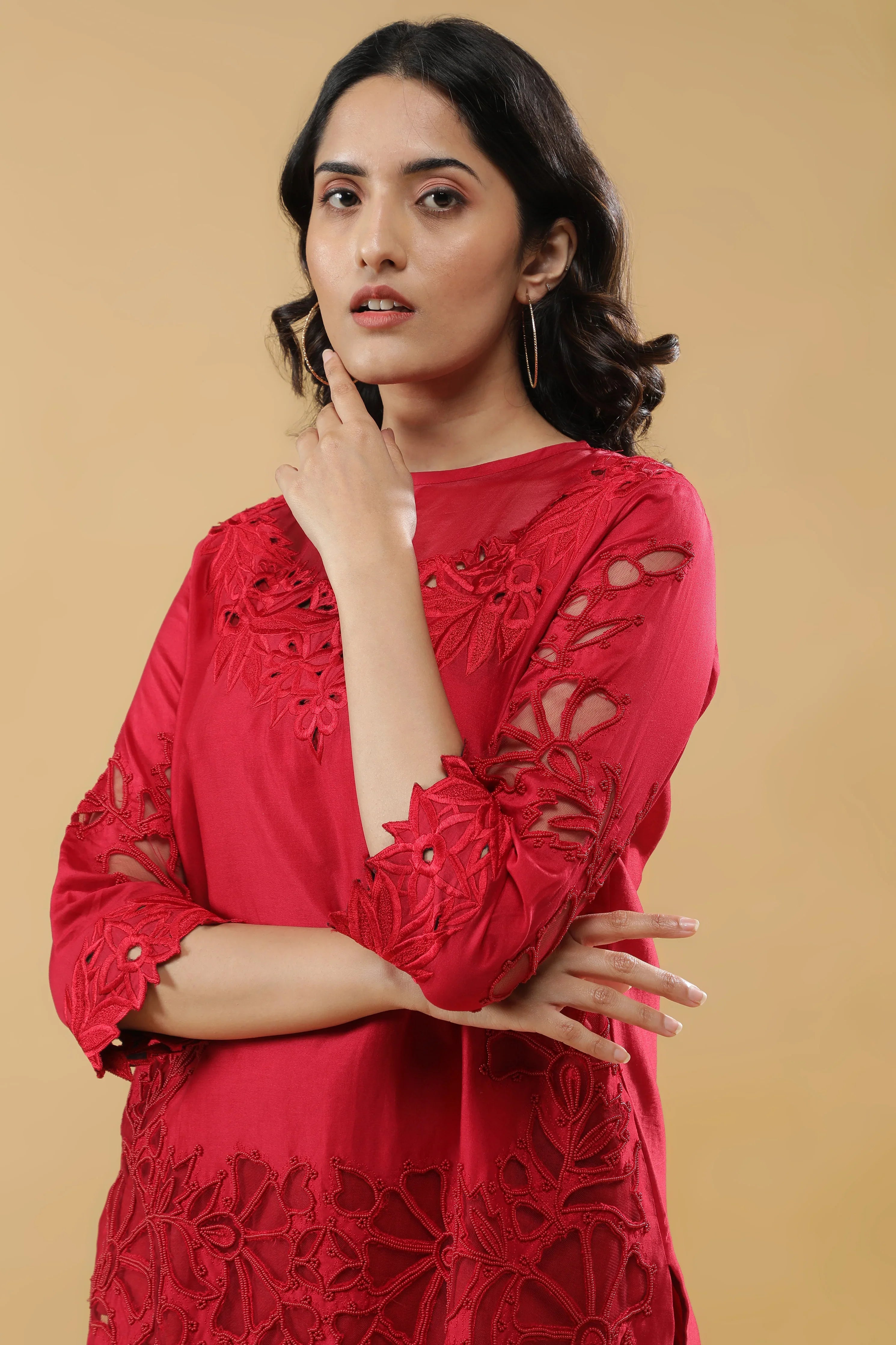 Crimson Red Silk Embroidered Co-Ord Set - Mokshaa