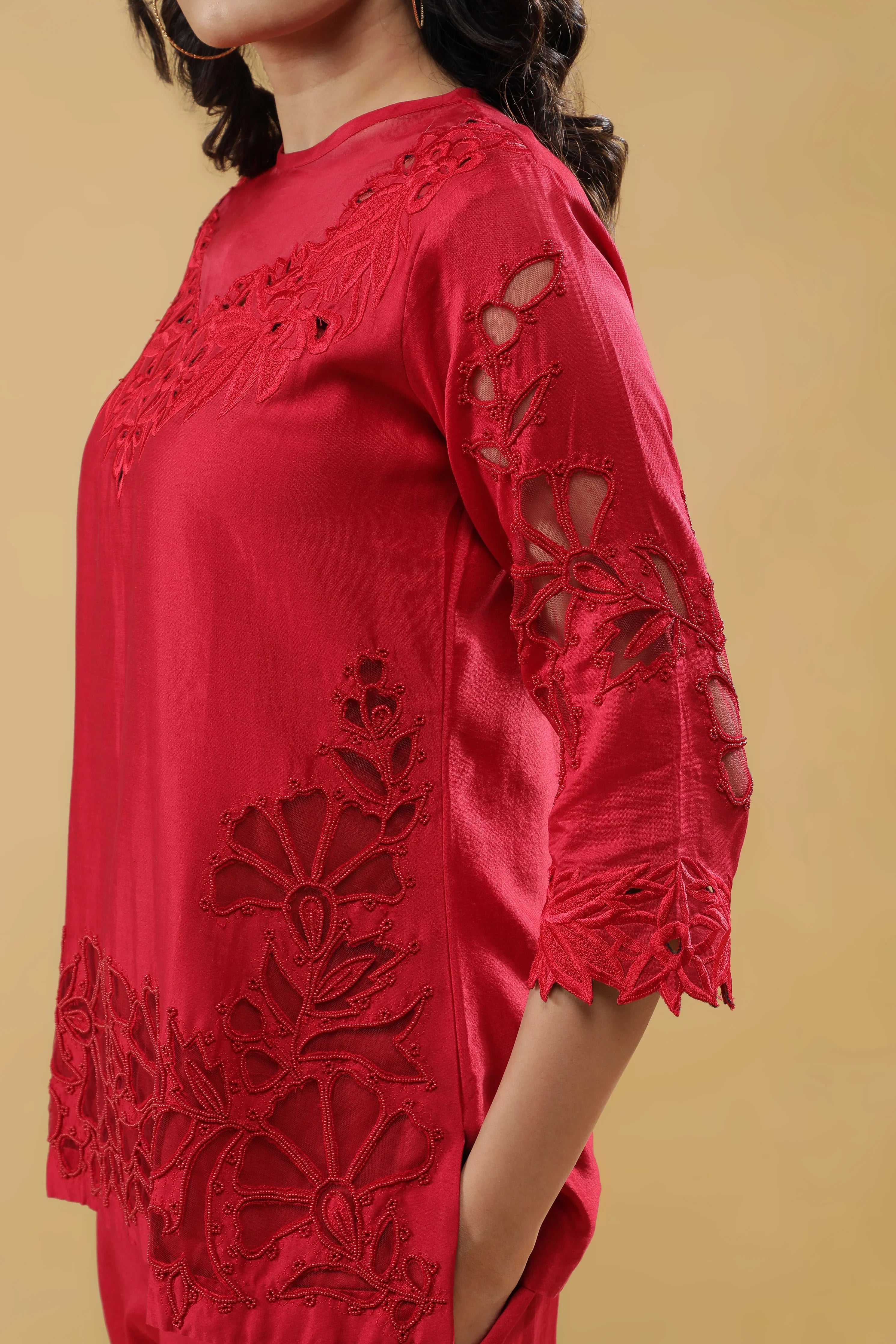 Crimson Red Silk Embroidered Co-Ord Set - Mokshaa