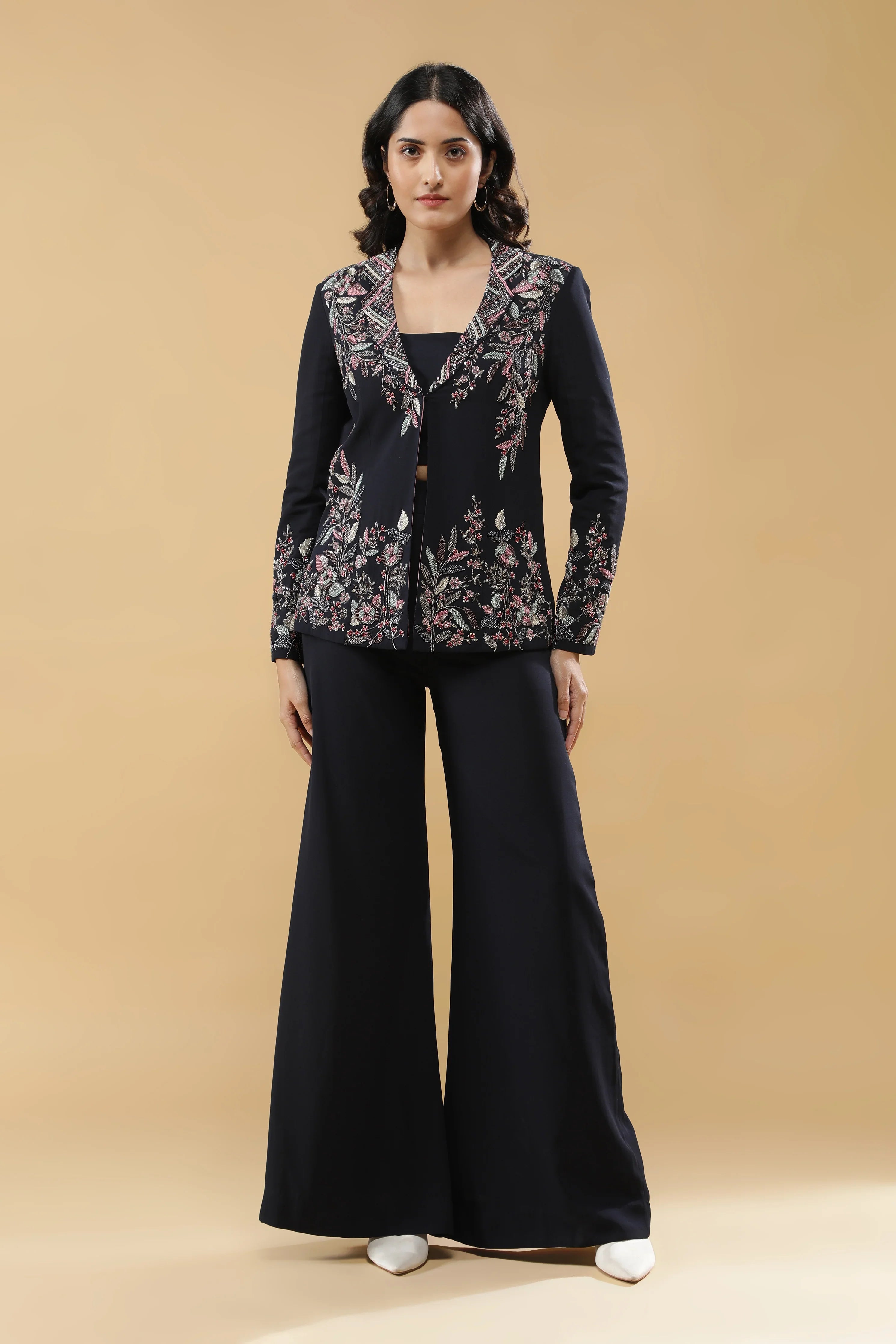 Navy Blue Crepe Jacket Set - Mokshaa
