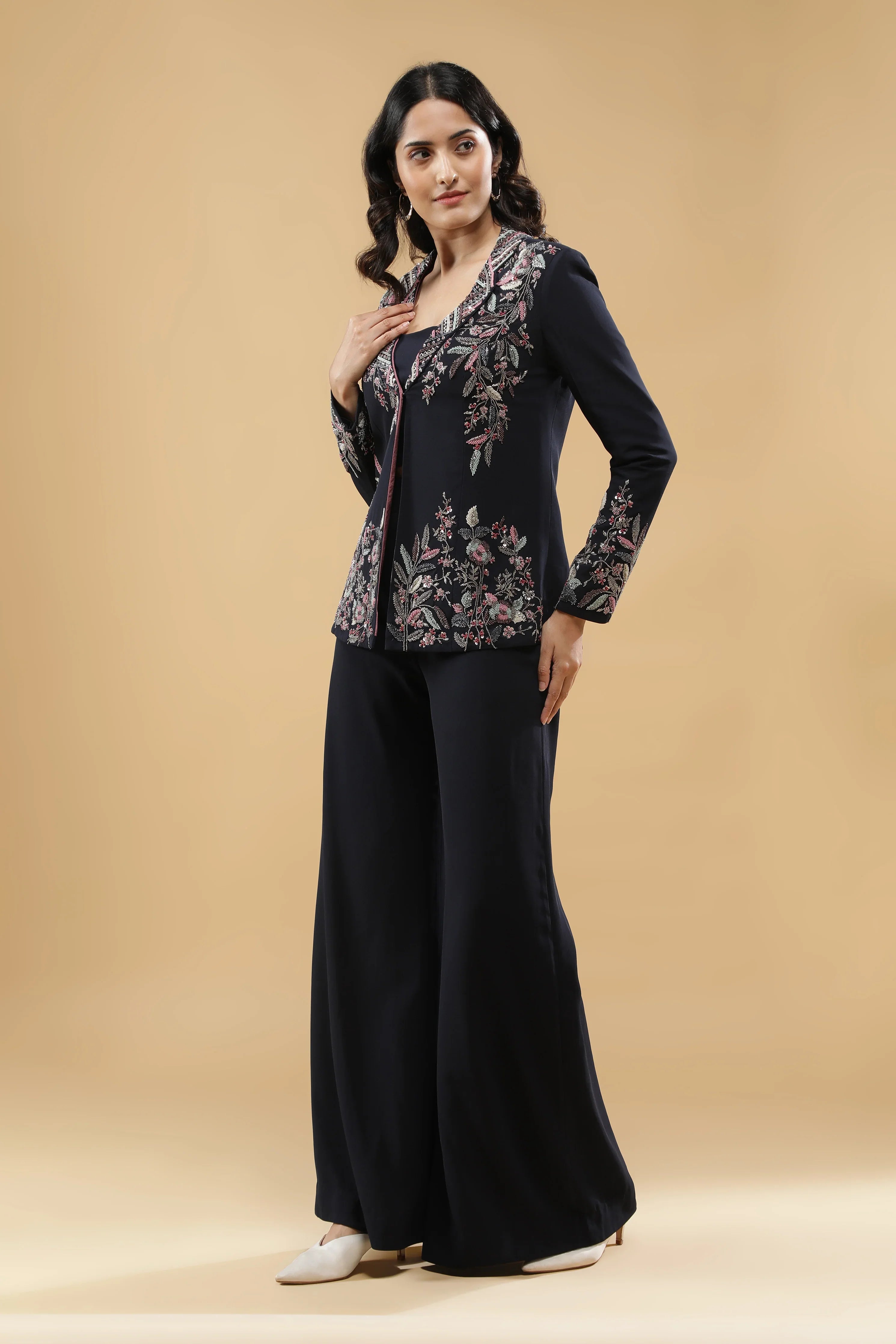 Navy Blue Crepe Jacket Set - Mokshaa