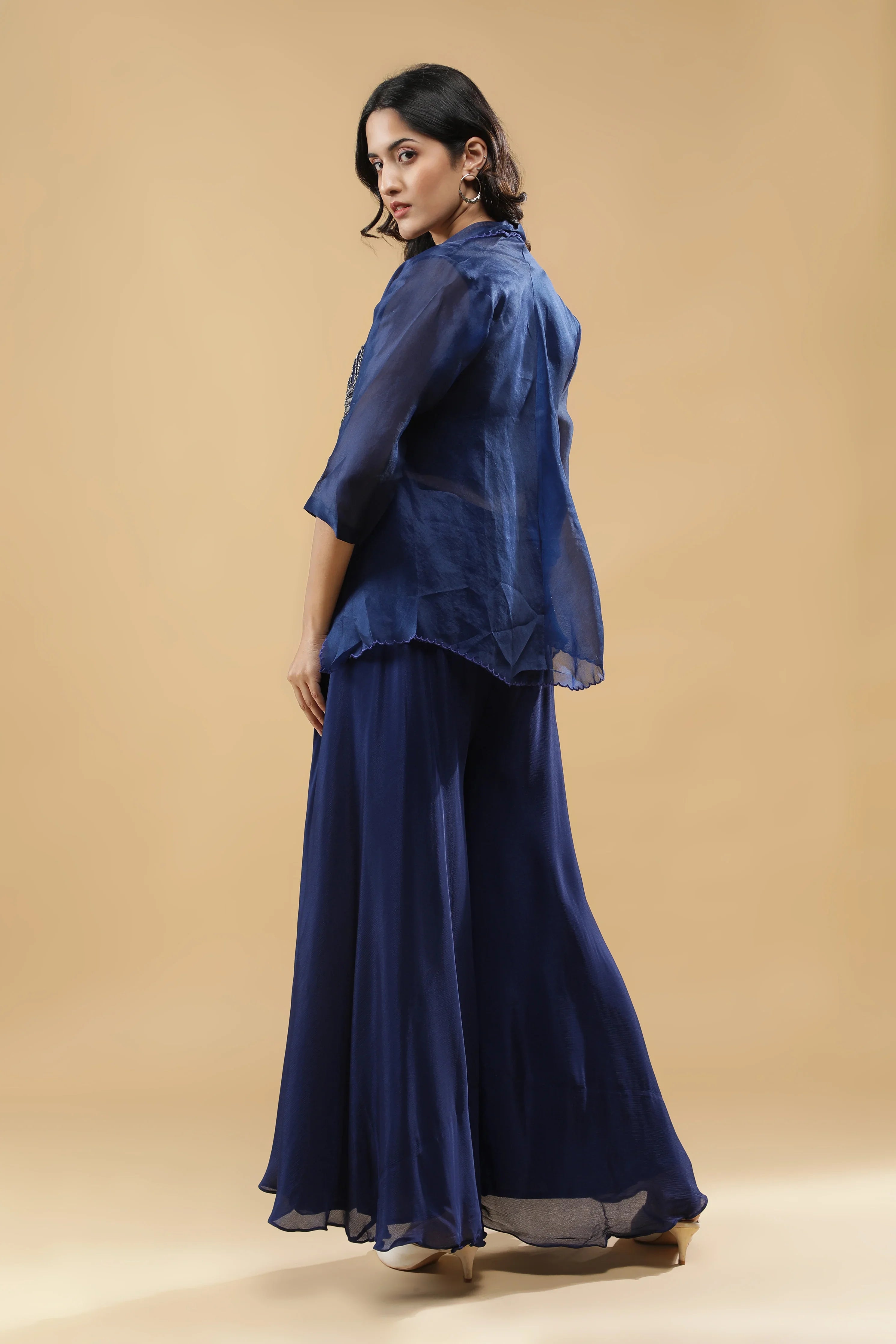 Navy Blue Organza Jacket Set - Mokshaa