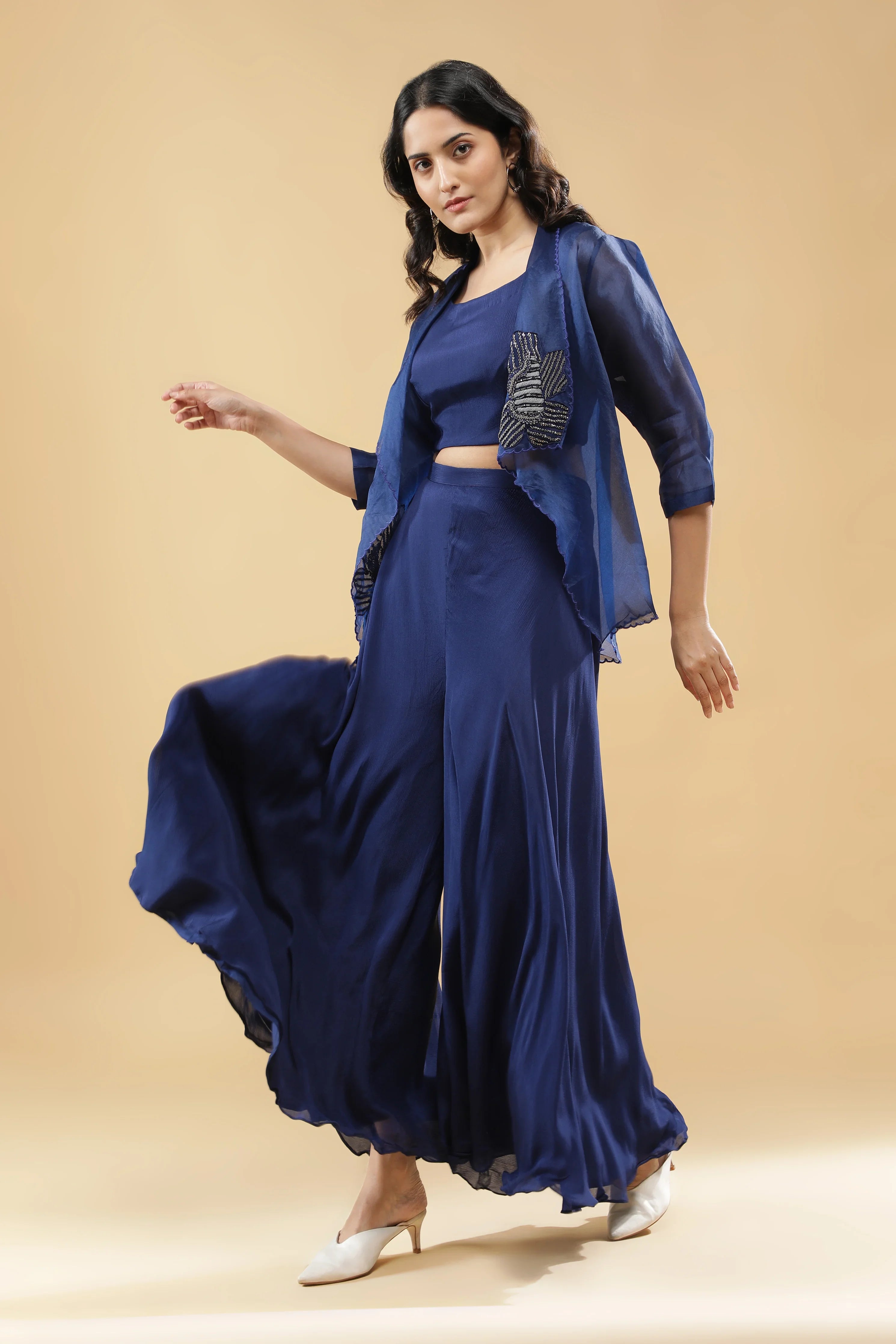 Navy Blue Organza Jacket Set - Mokshaa