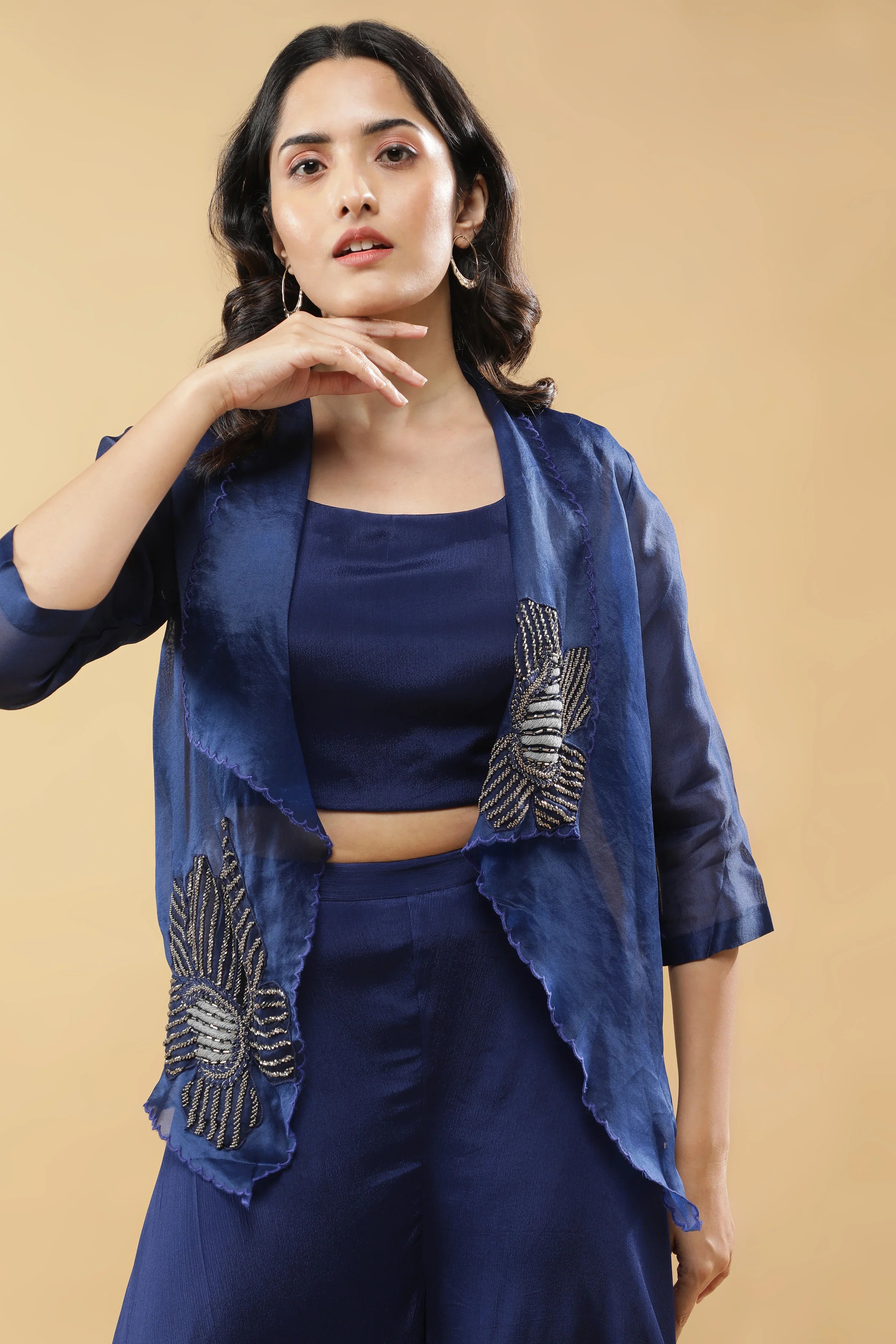 Navy Blue Organza Jacket Set - Mokshaa