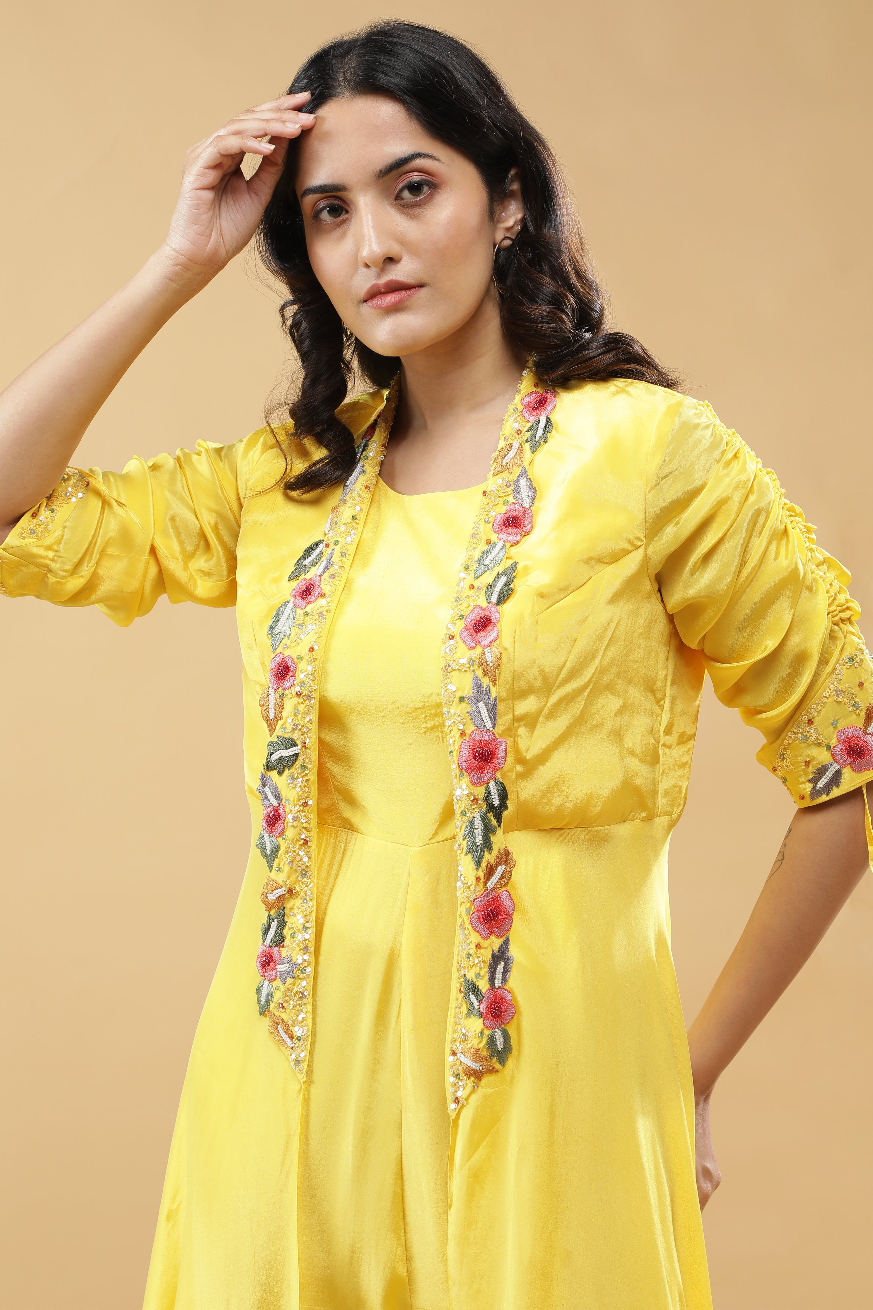 Yellow Silk Jumpsuit with Embroidered Jacket Layer