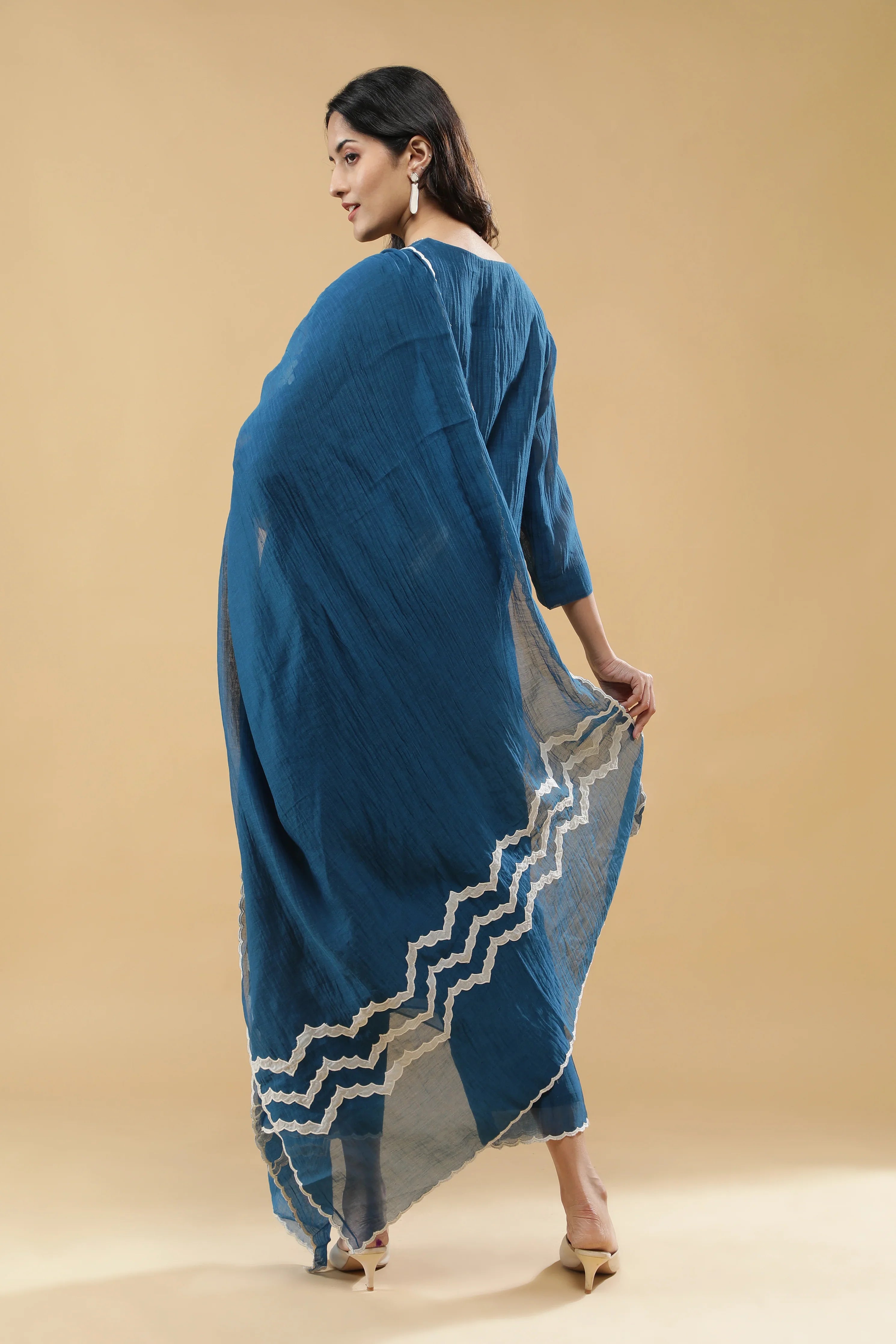 Teal Blue Cotton Floral Embroidered Salwar Set - Mokshaa