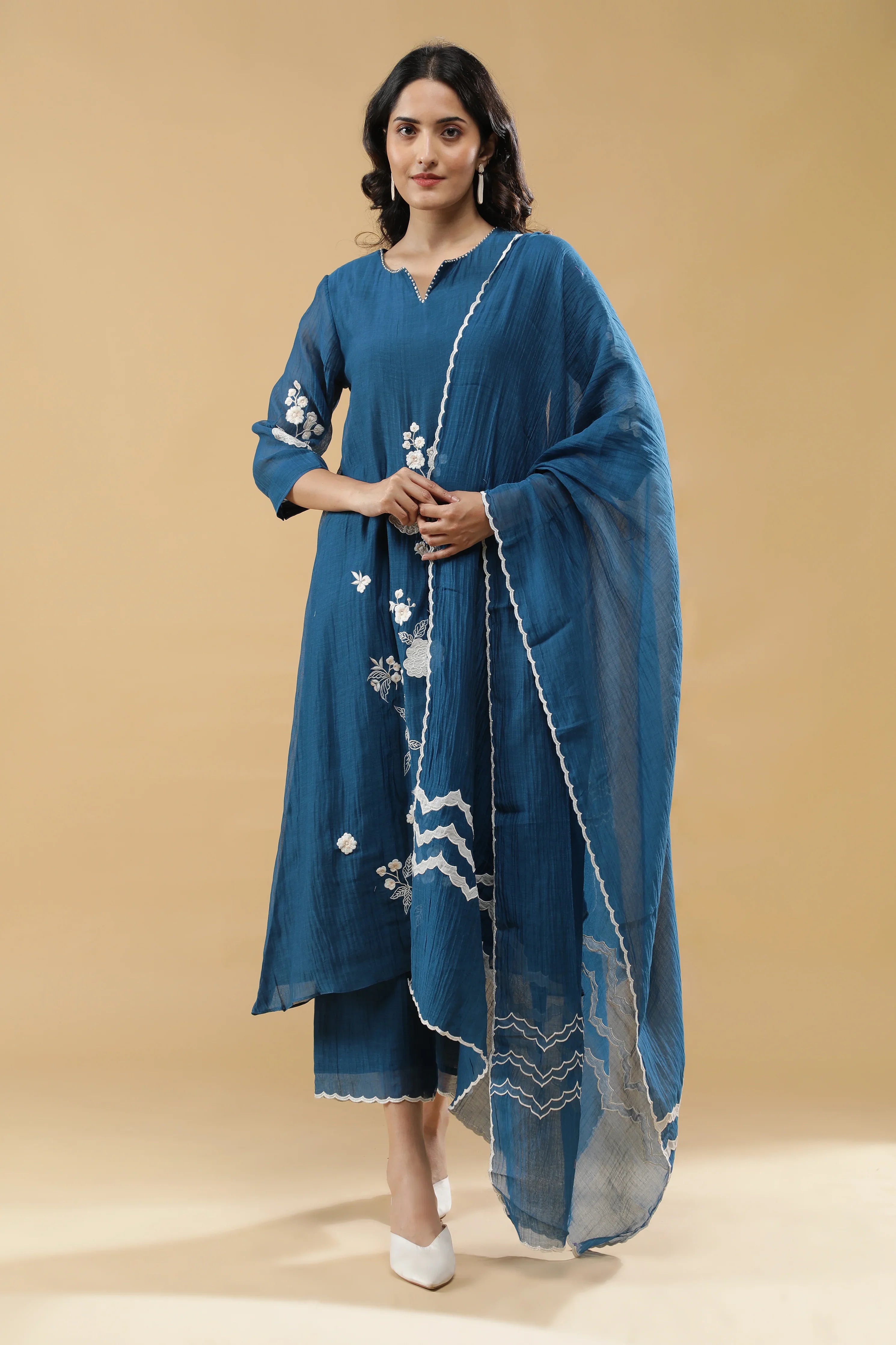 Teal Blue Cotton Floral Embroidered Salwar Set - Mokshaa