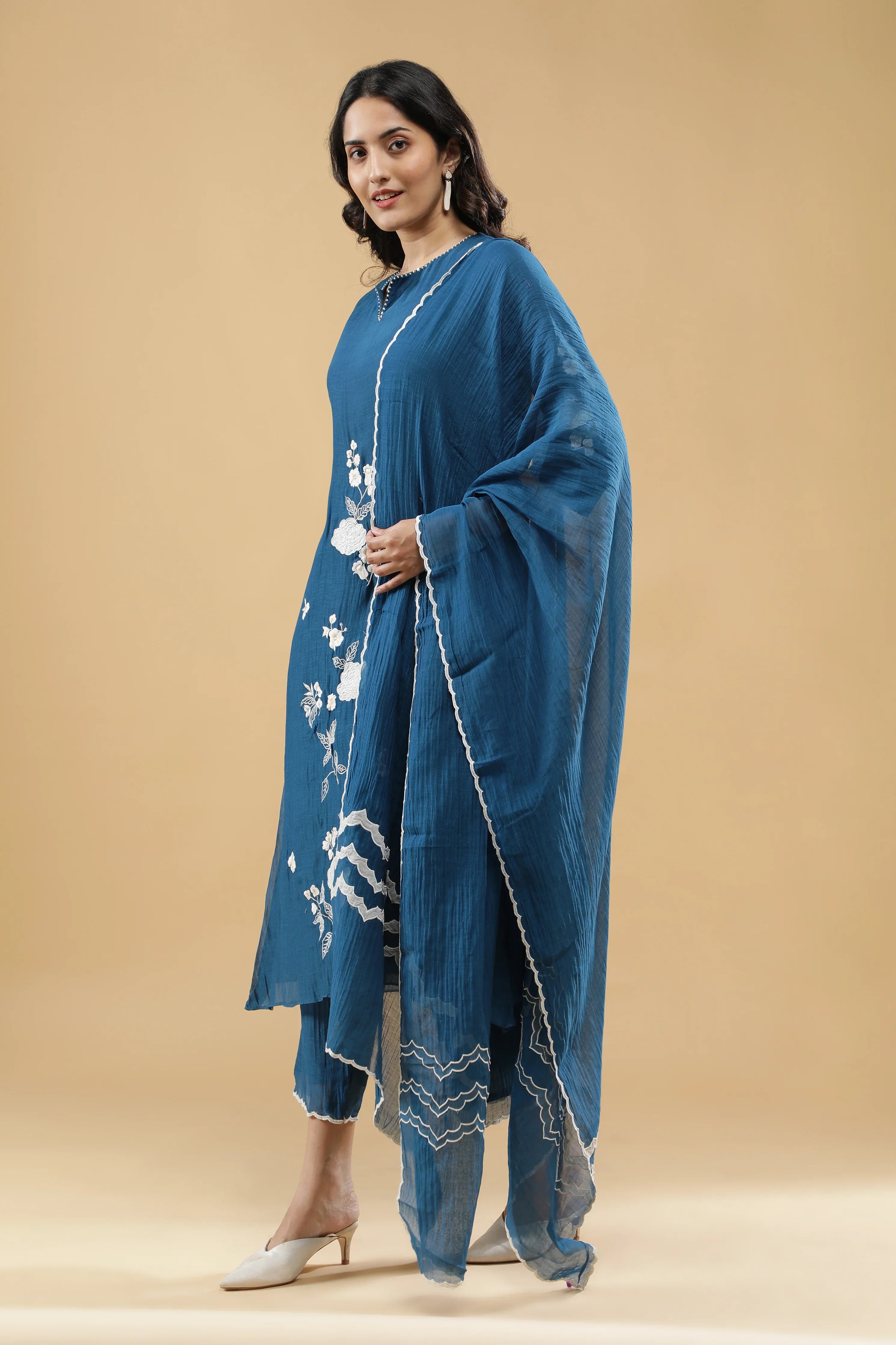 Teal Blue Cotton Floral Embroidered Salwar Set - Mokshaa