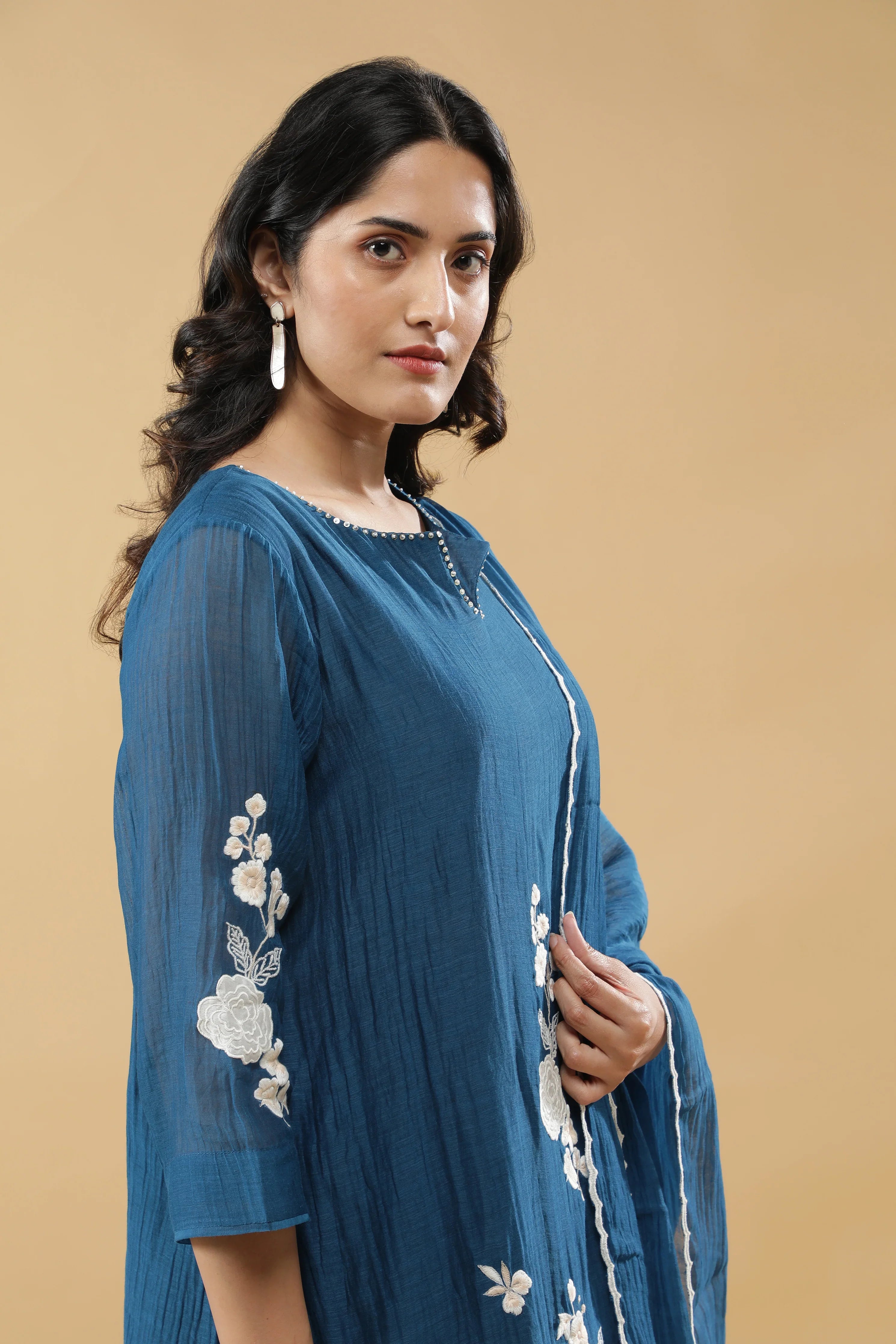 Teal Blue Cotton Floral Embroidered Salwar Set - Mokshaa