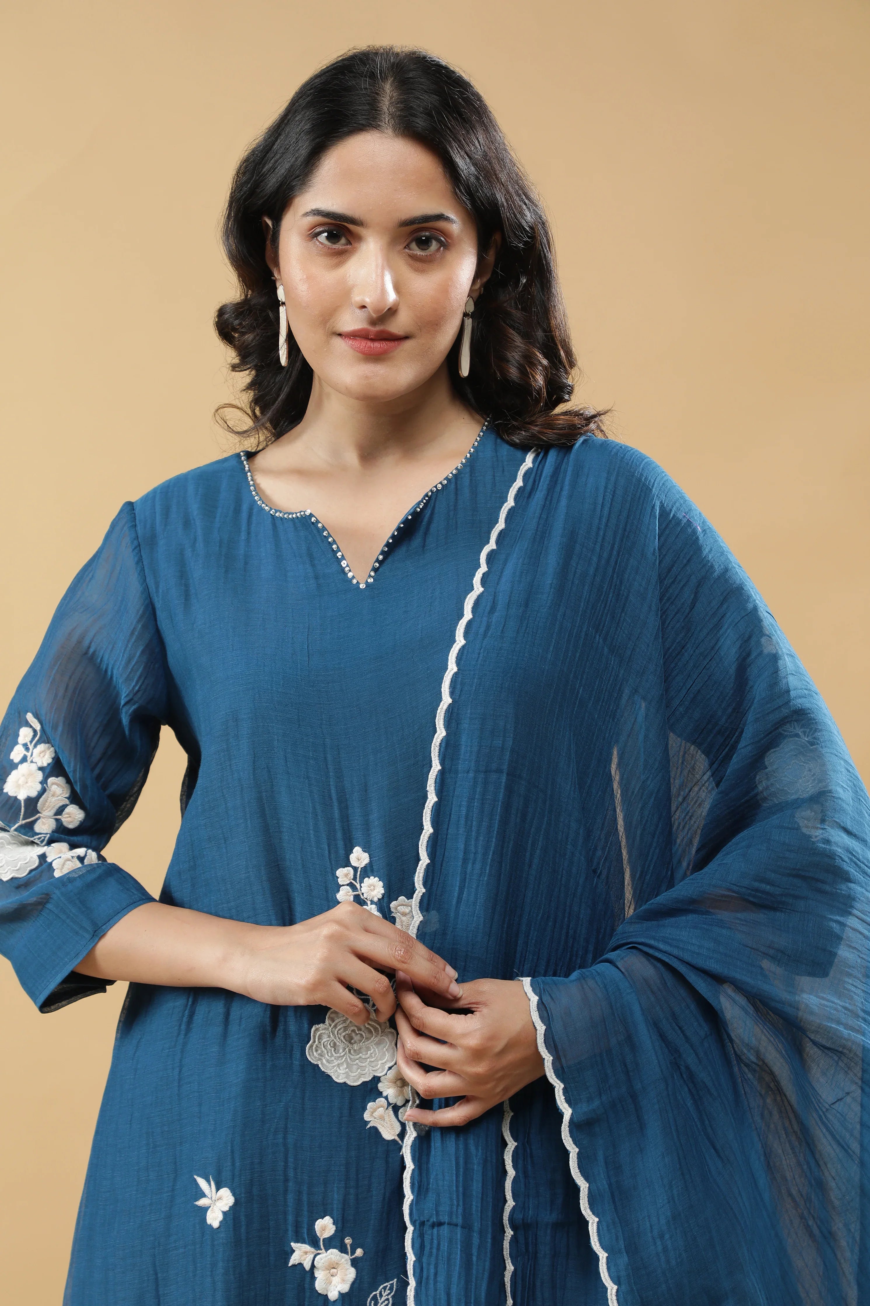 Teal Blue Cotton Floral Embroidered Salwar Set - Mokshaa