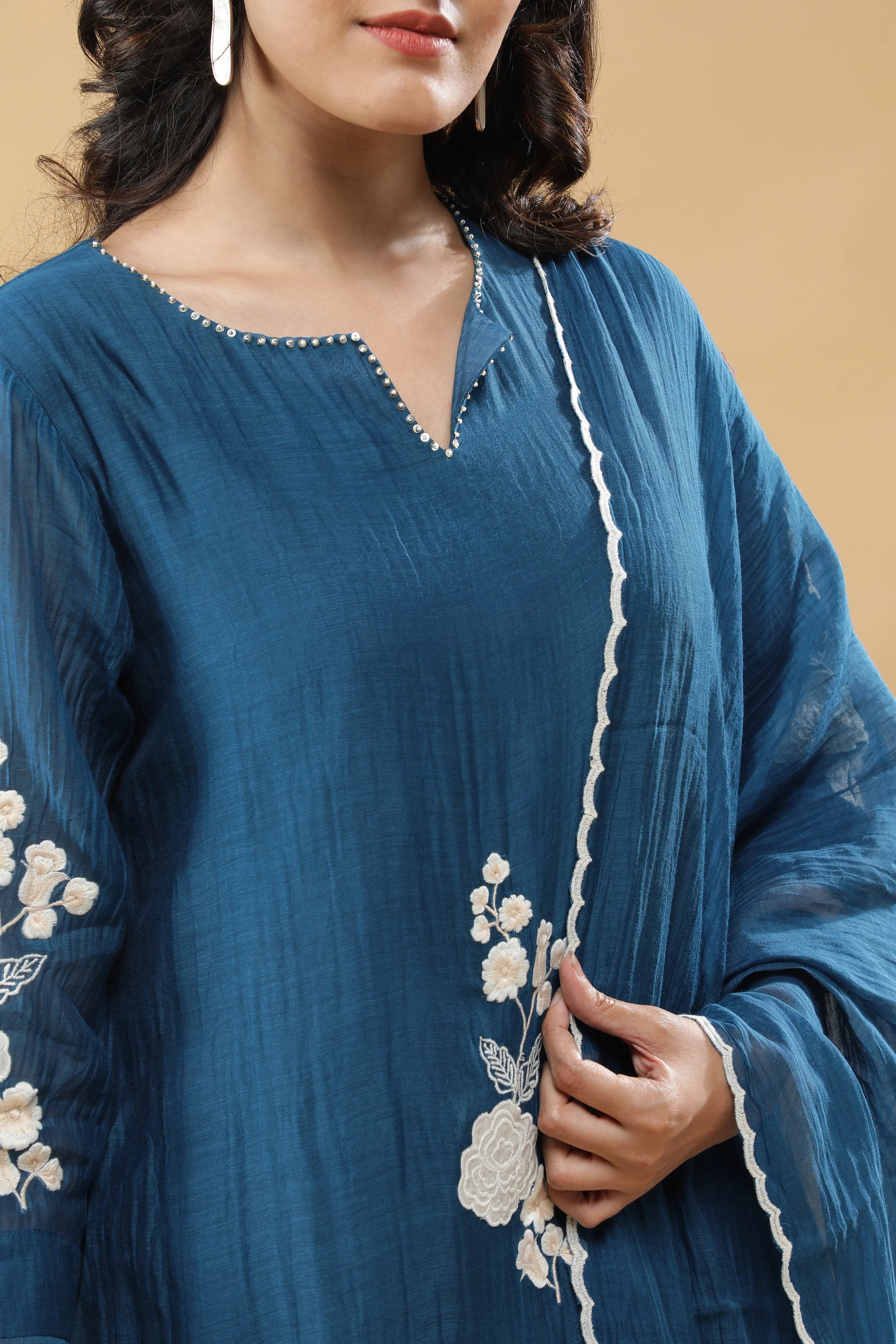Teal Blue Cotton Floral Embroidered Salwar Set - Mokshaa