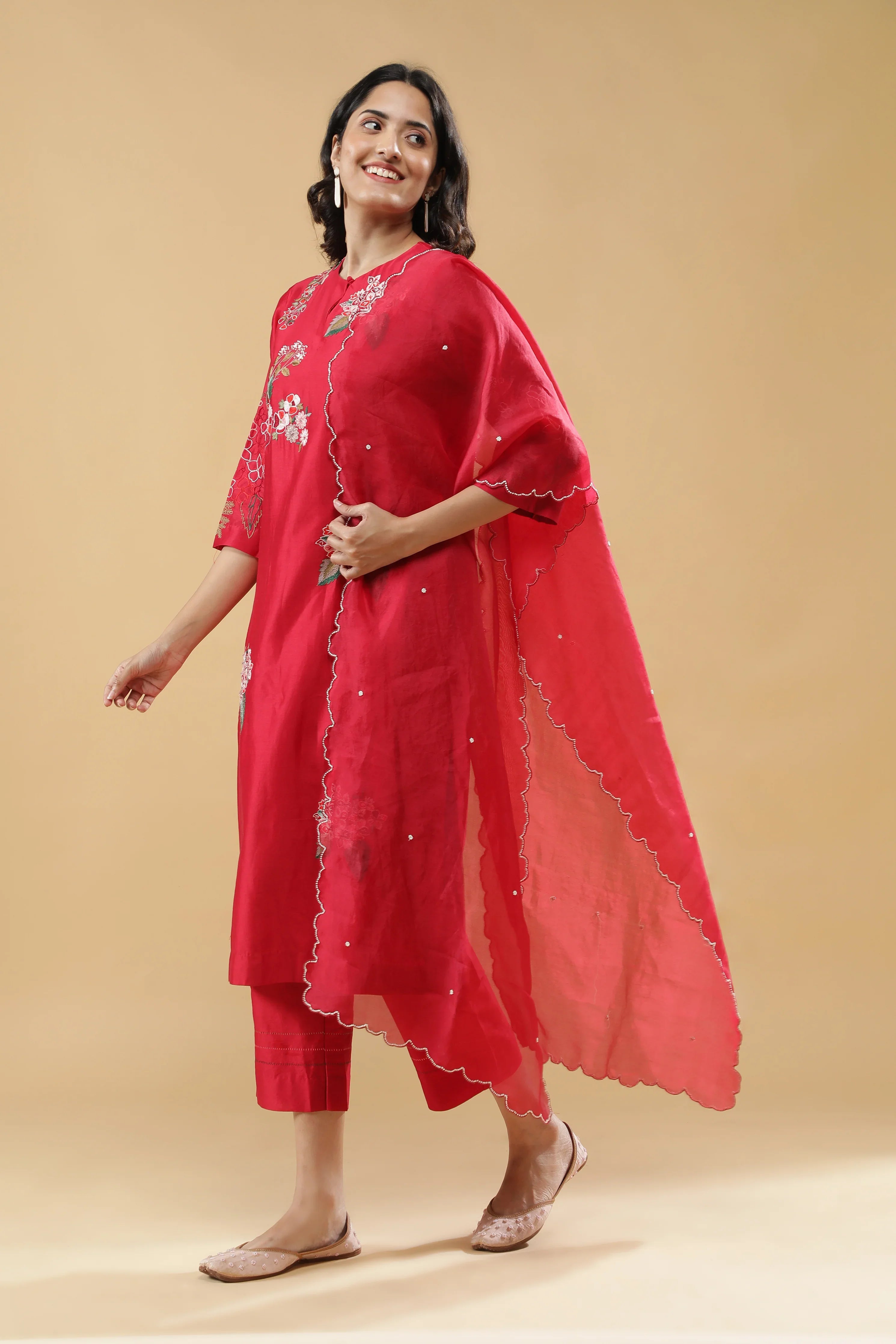 Cherry Red Cotton Floral Embroidered Salwar Set - Mokshaa