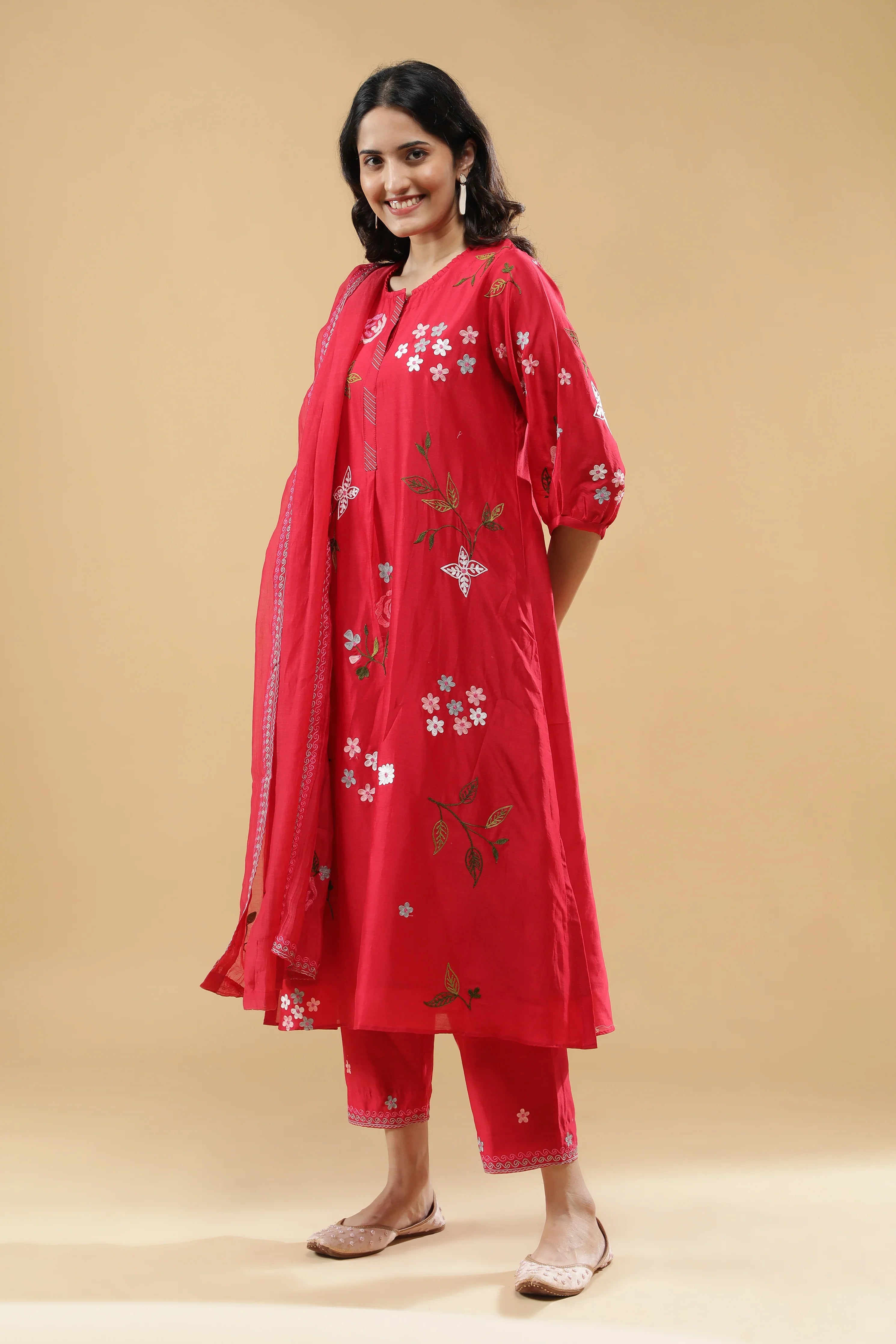 Crimson Red A-Line Cotton Suit Set - Mokshaa