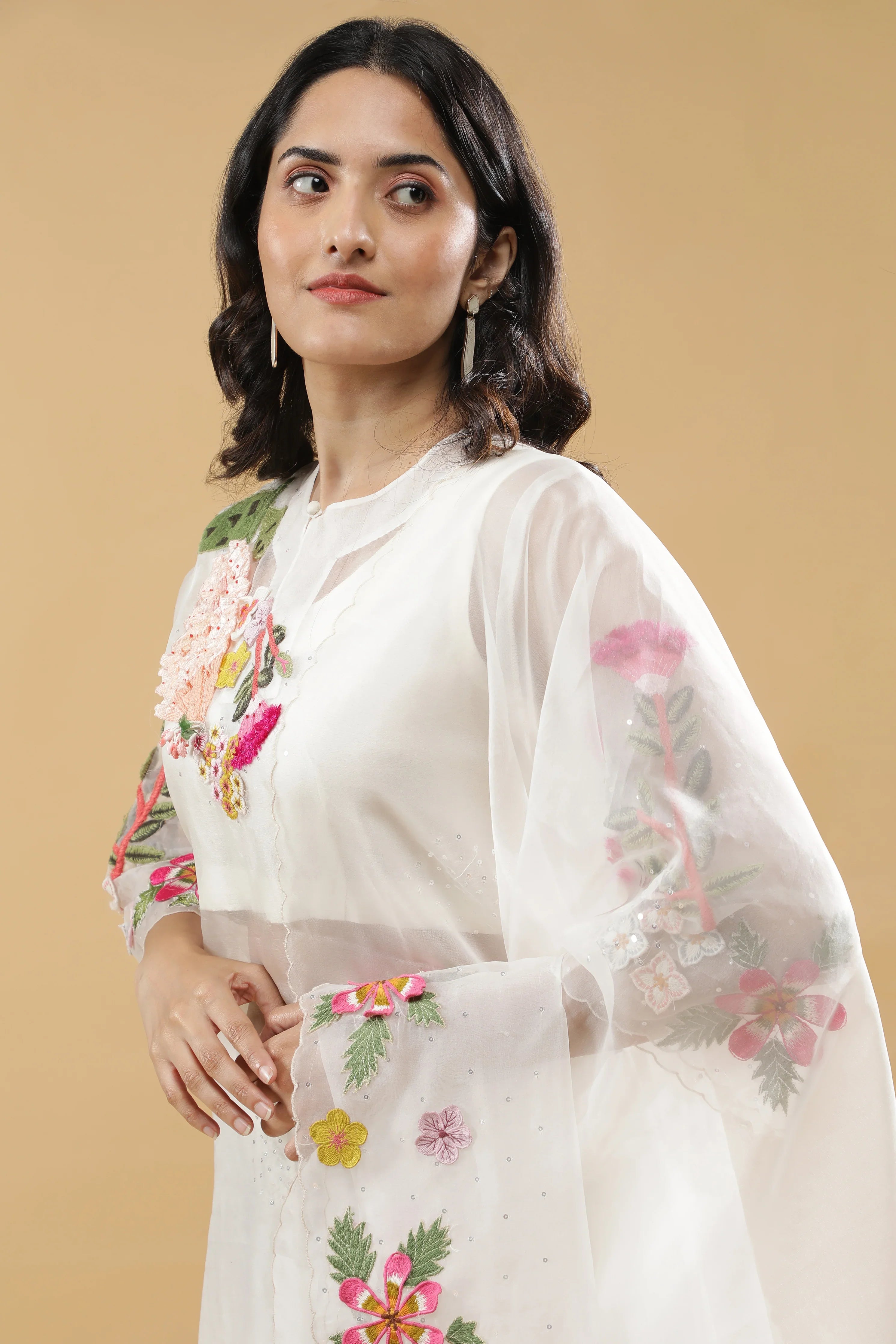 Ivory Organza Floral Embroidered Suit Set - Mokshaa