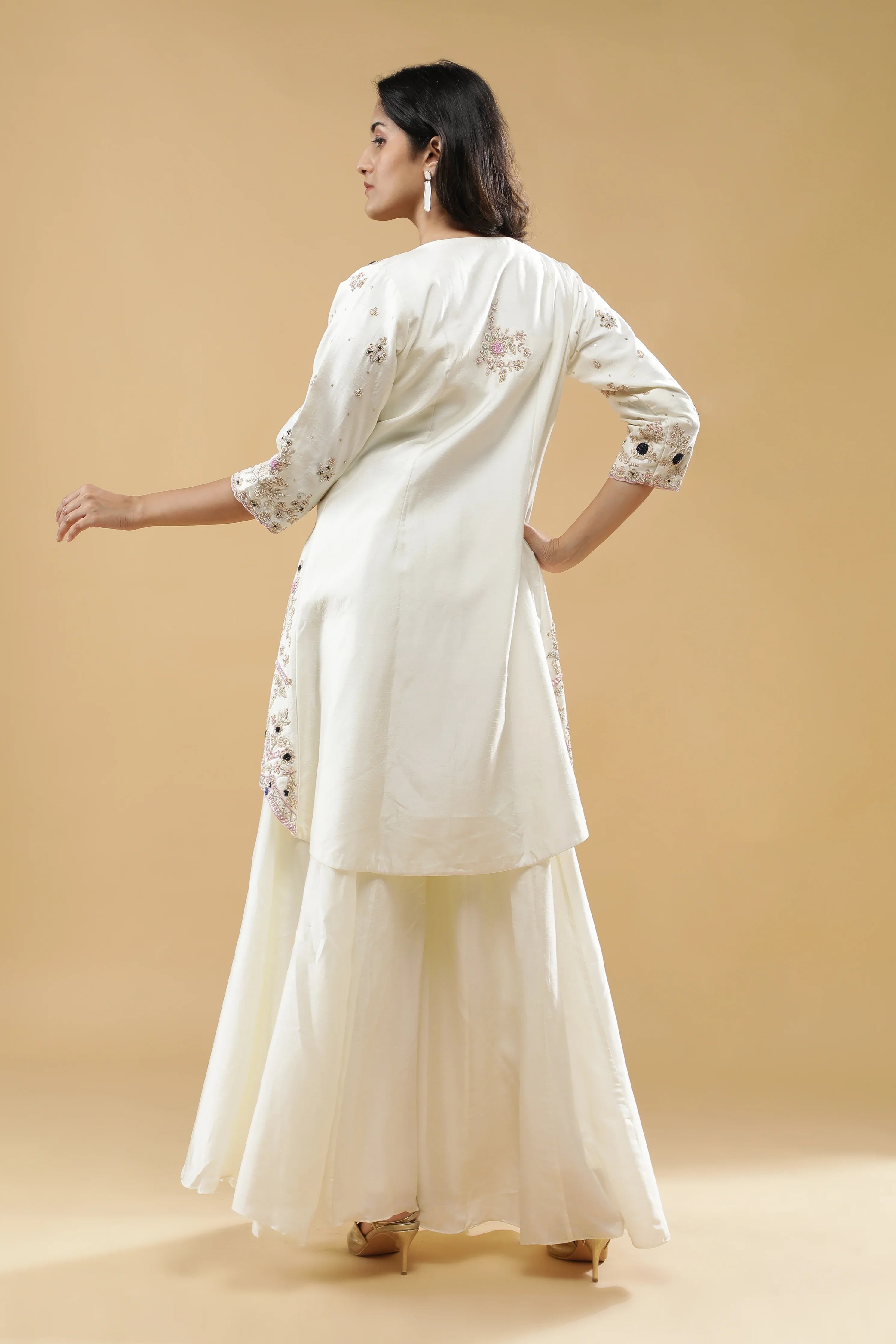 Ivory Embroidered Jacket Set - Mokshaa