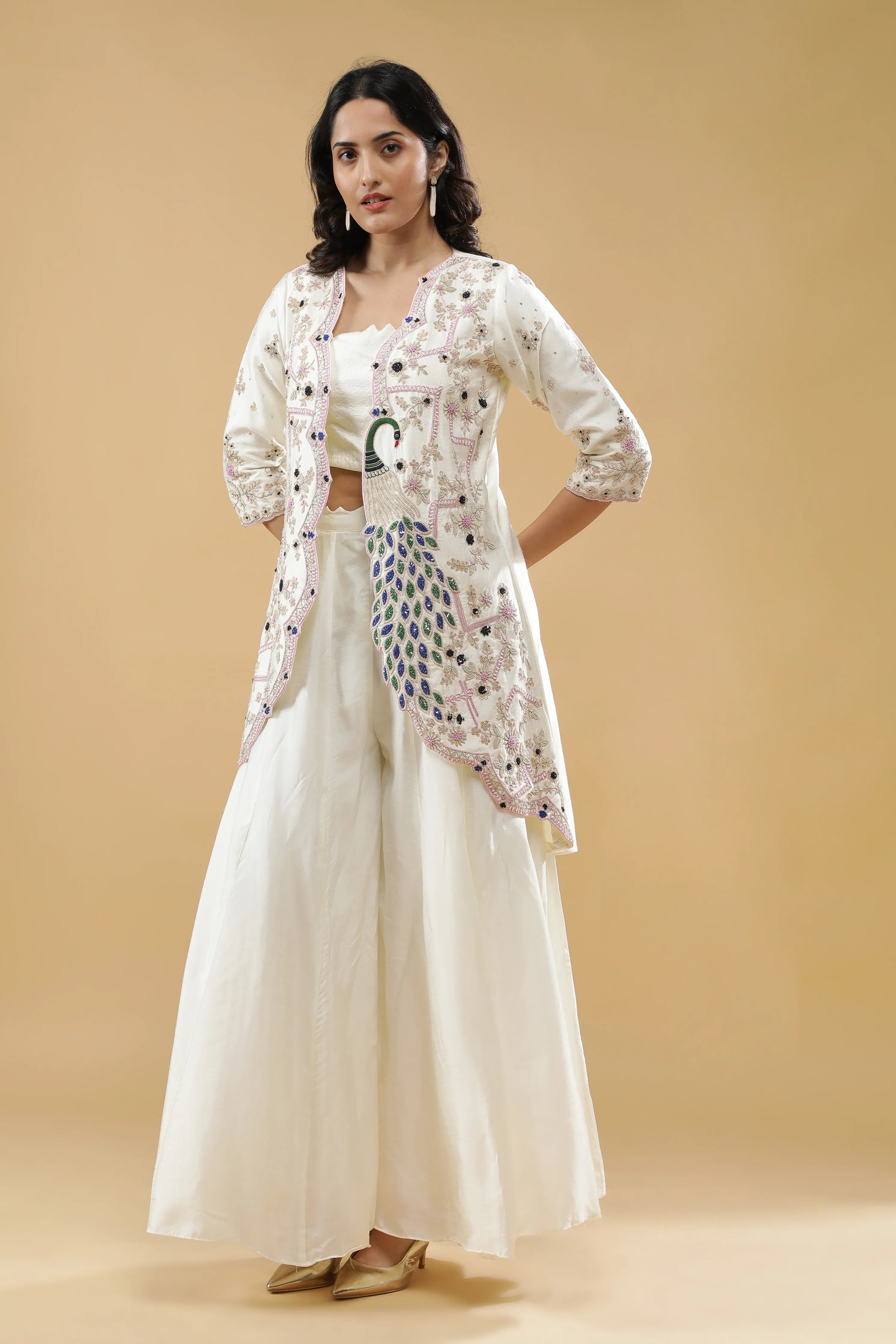 Ivory Embroidered Jacket Set - Mokshaa