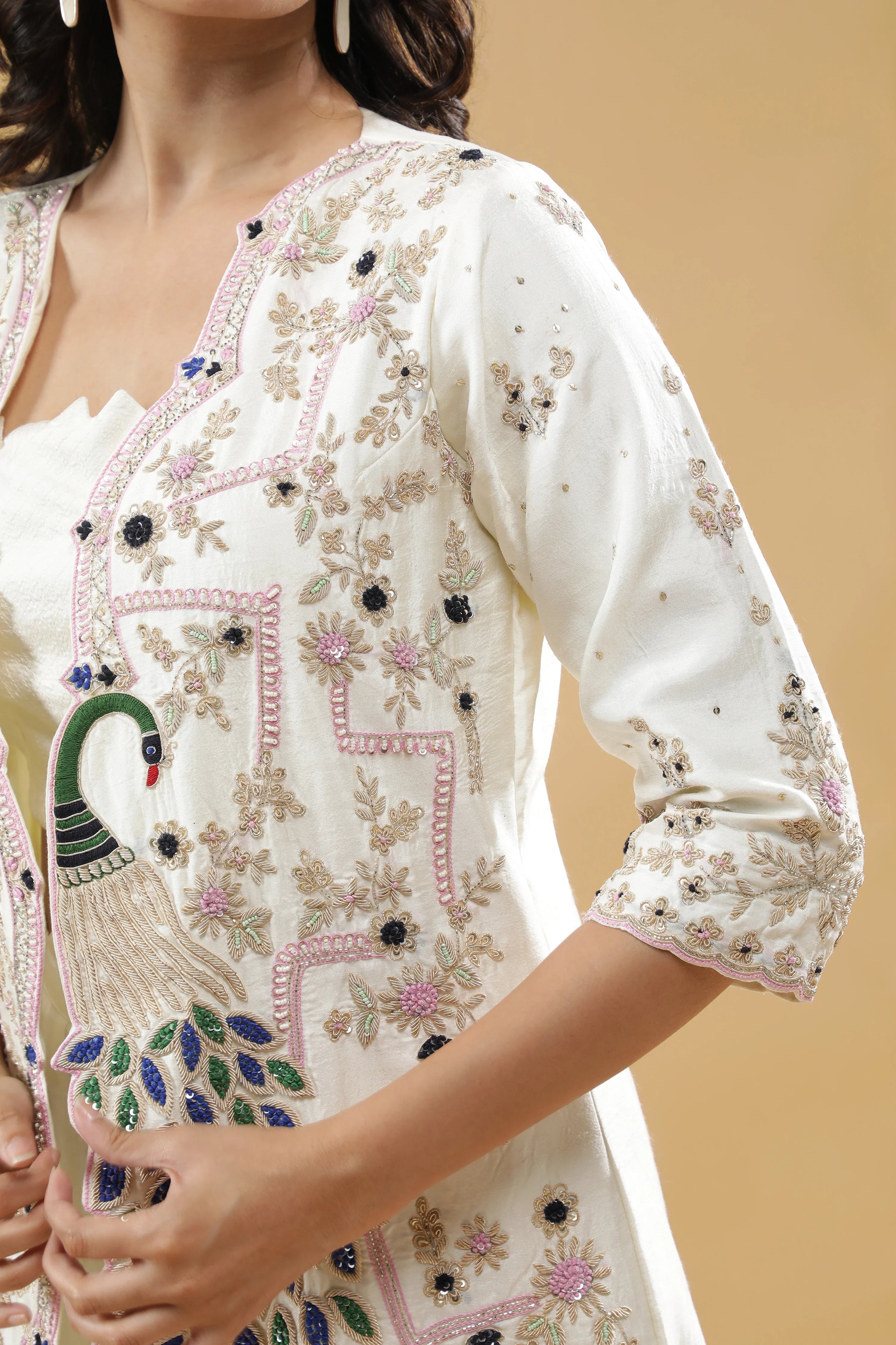 Ivory Embroidered Jacket Set - Mokshaa