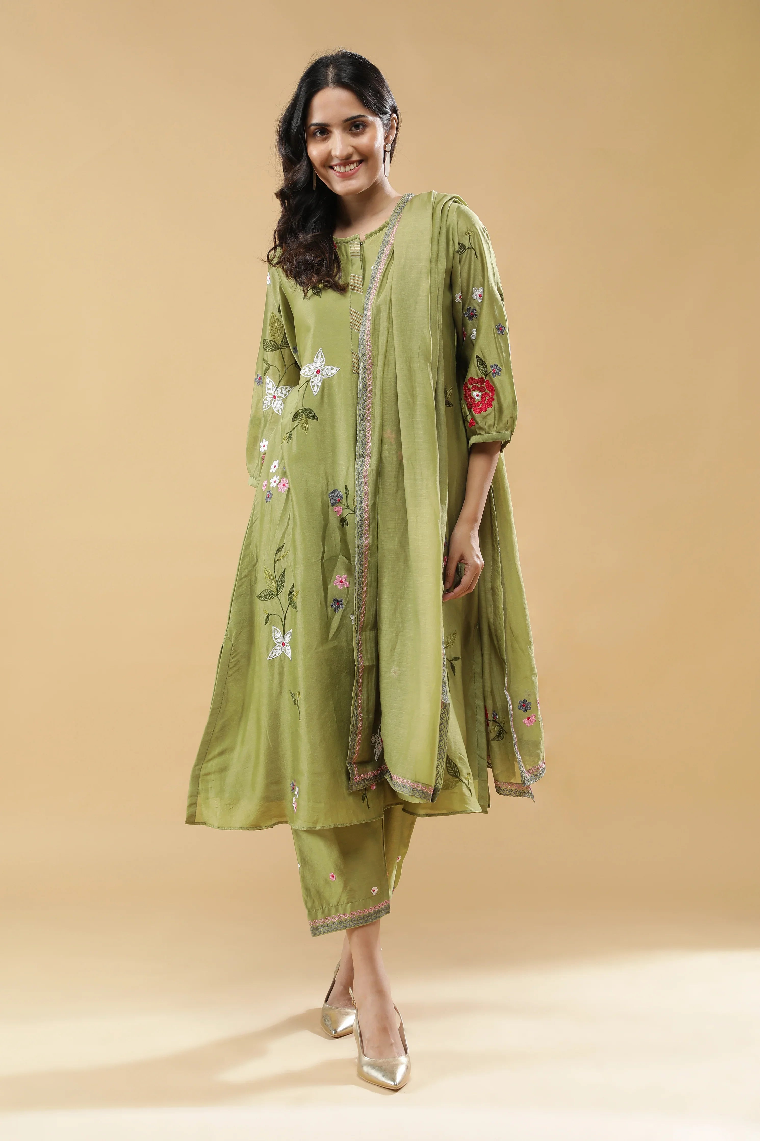 Sage Green Floral Embroidered Salwar Set - Mokshaa