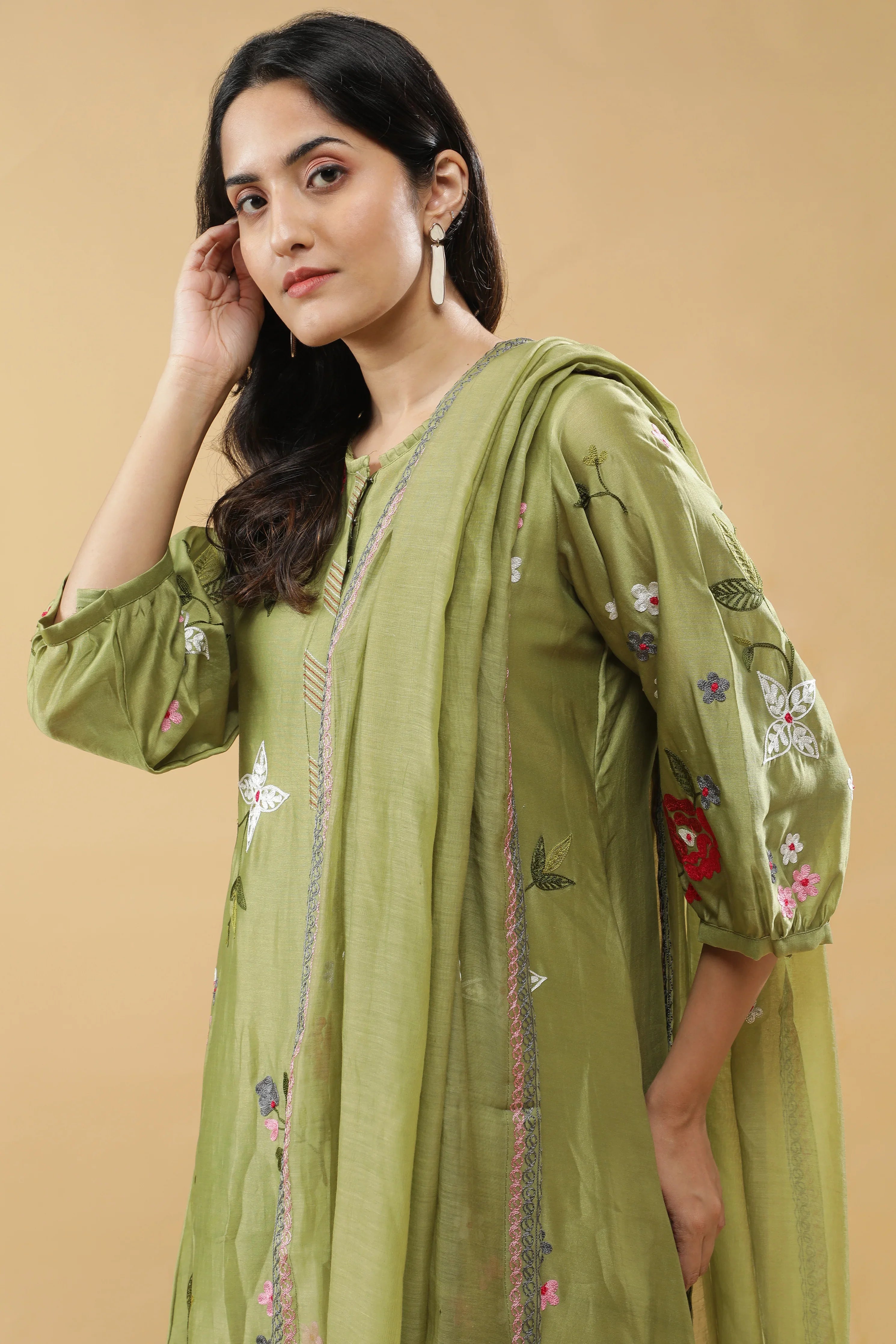 Sage Green Floral Embroidered Salwar Set - Mokshaa