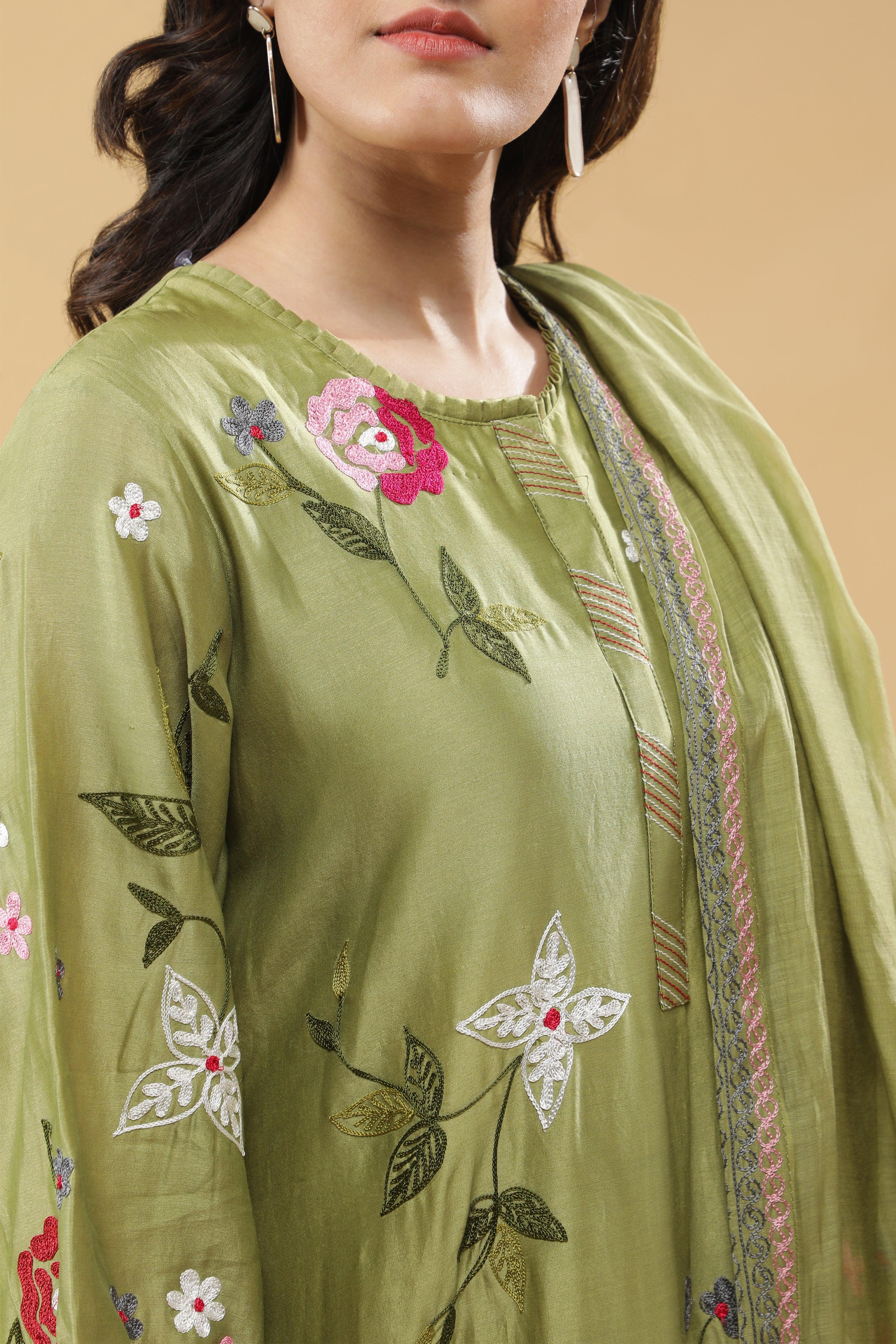 Sage Green Floral Embroidered Salwar Set - Mokshaa