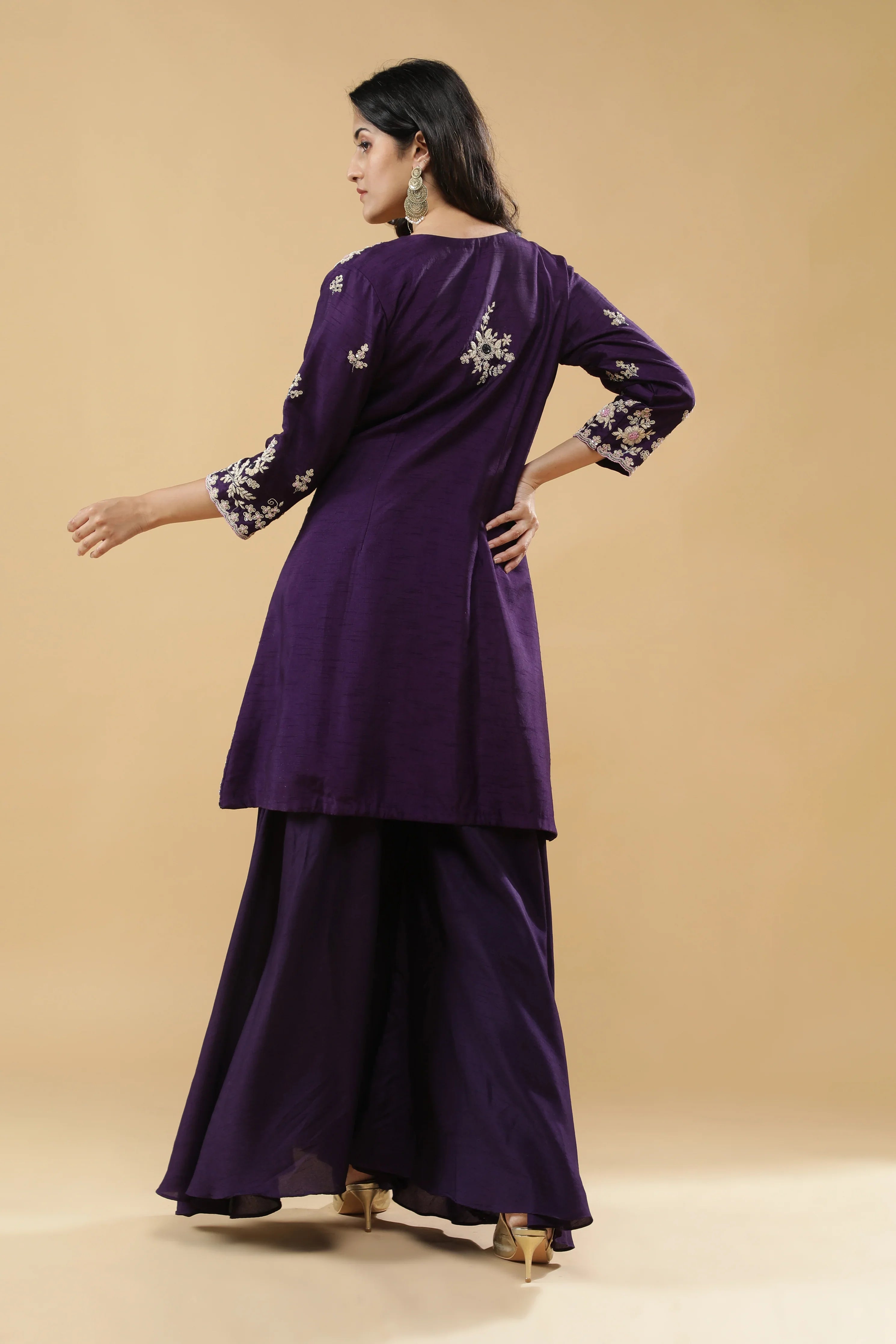 Purple Peacock Embroidered Jacket Set - Mokshaa