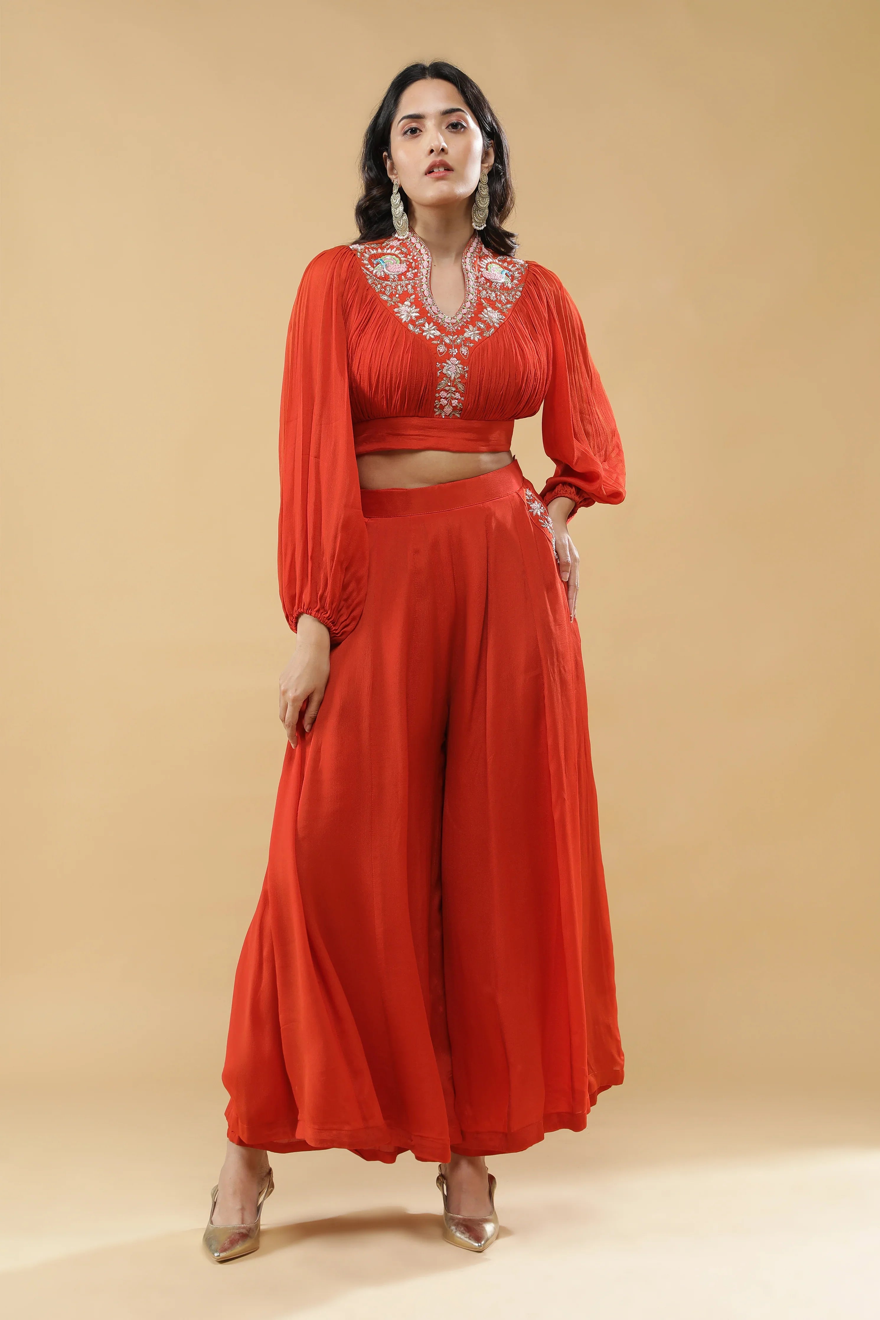 Rust Orange Embroidered Co-ord Set - Mokshaa