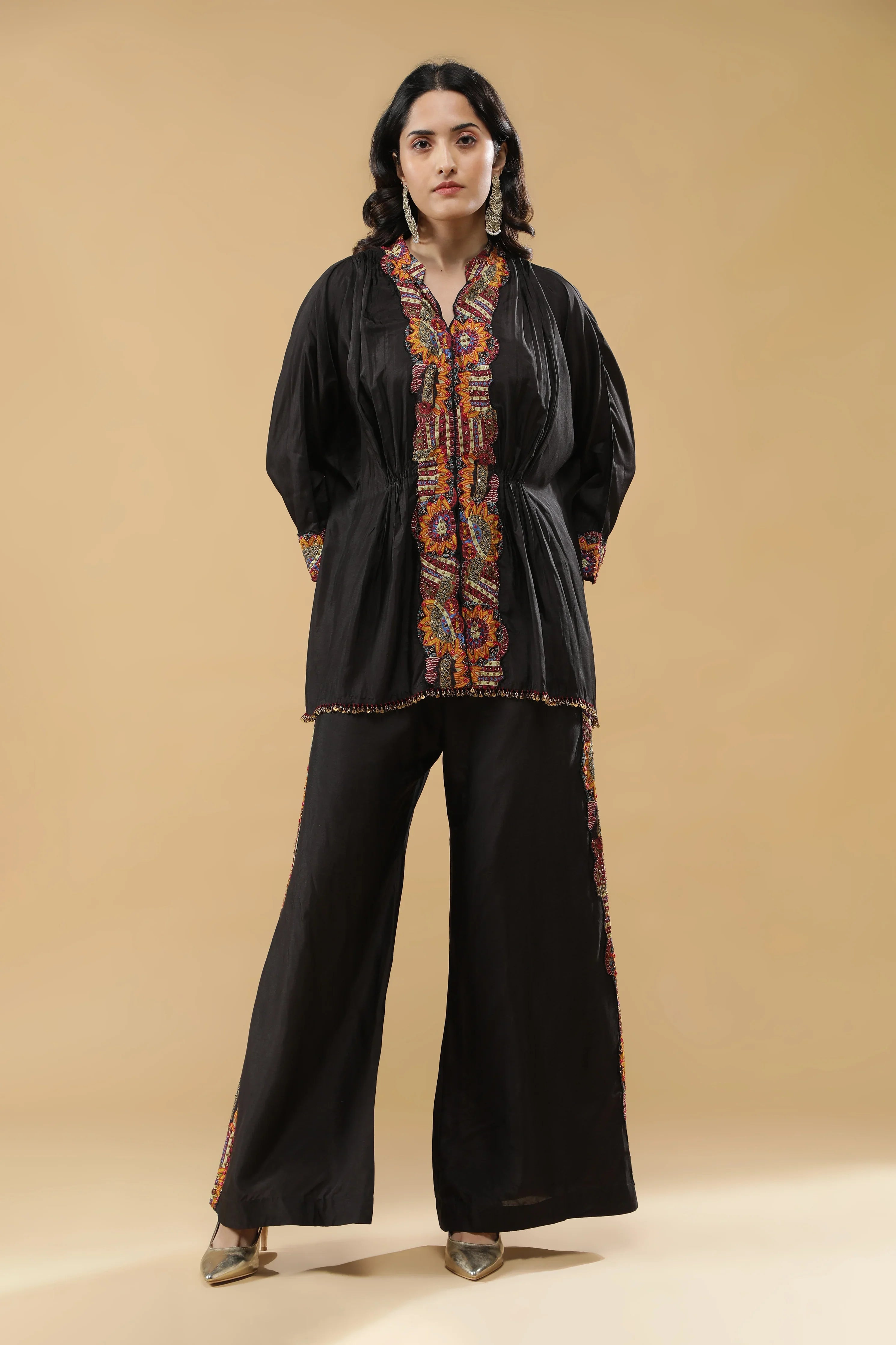 Black Embroidered Silk Co-Ord Set - Mokshaa