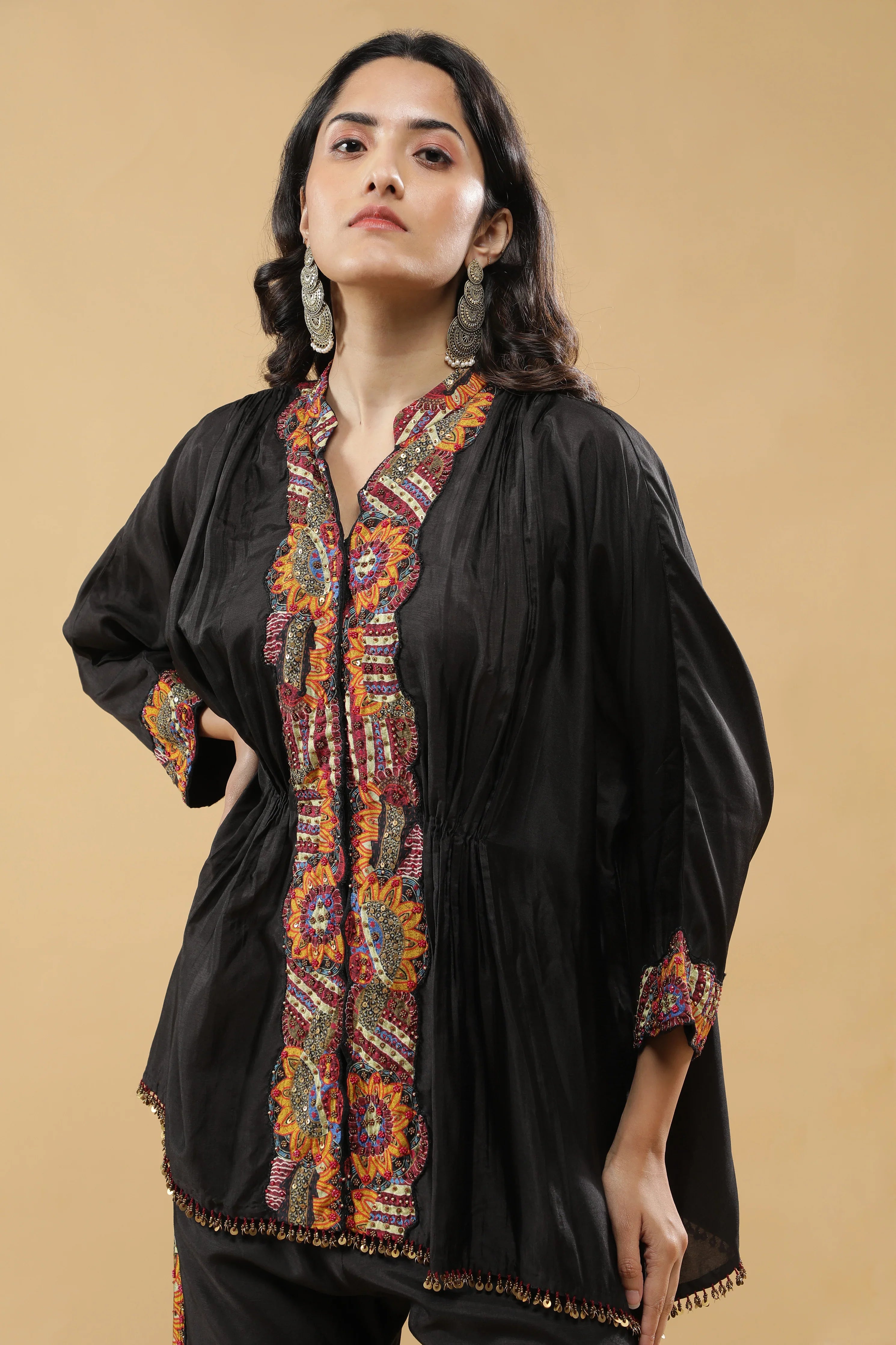Black Embroidered Silk Co-Ord Set - Mokshaa