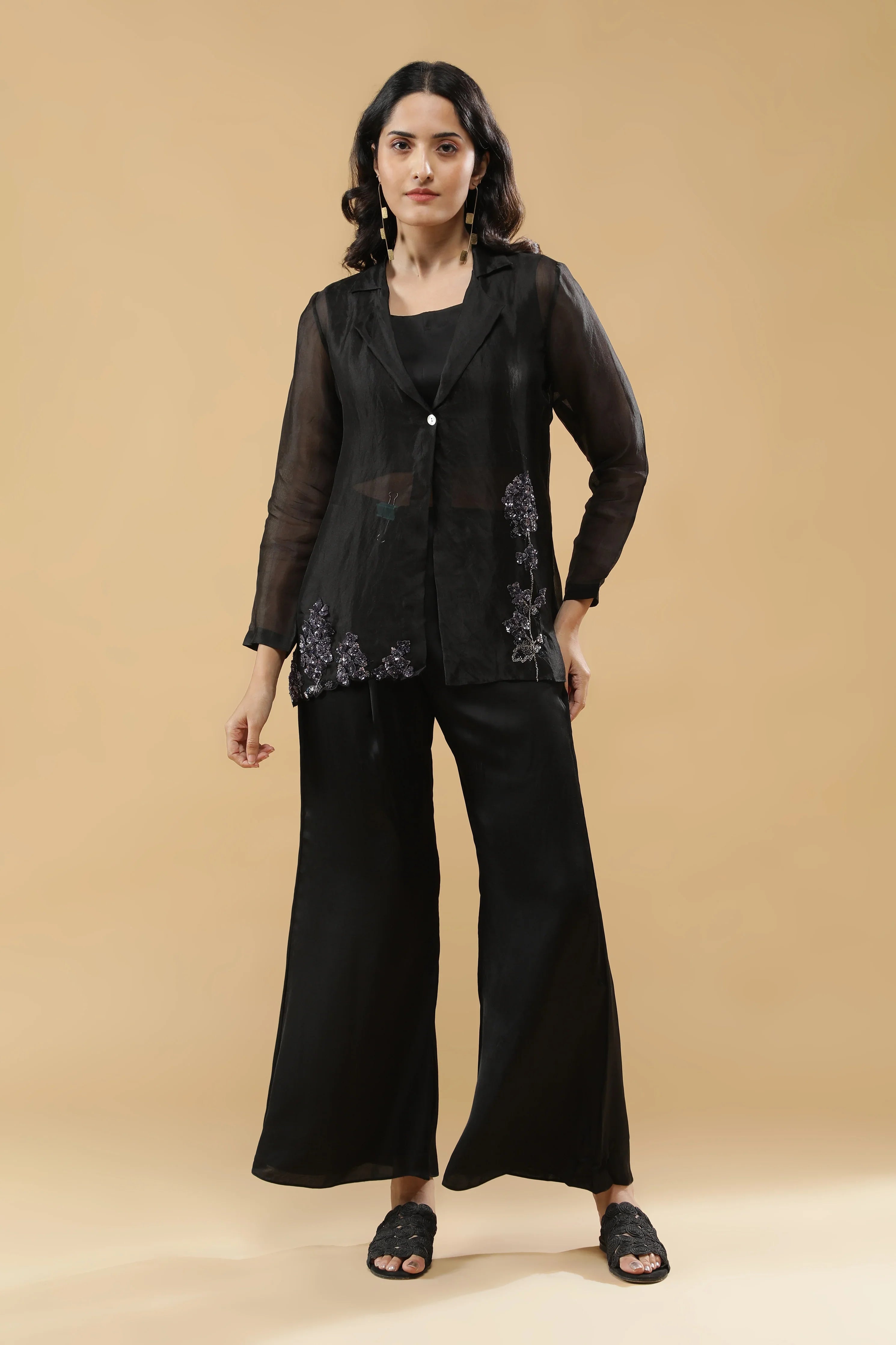Black Organza Blazer Cord Set - Mokshaa