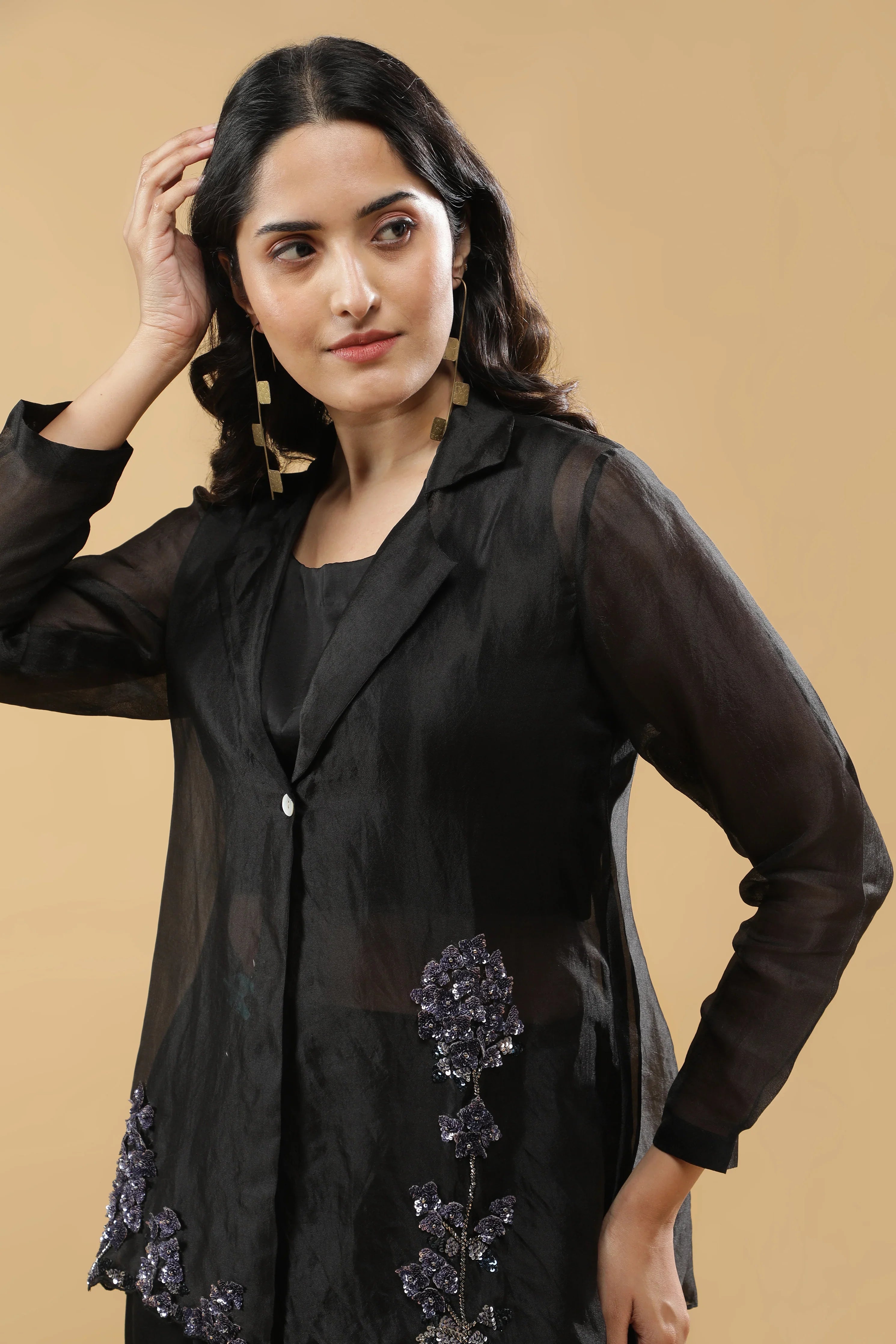 Black Organza Blazer Cord Set - Mokshaa